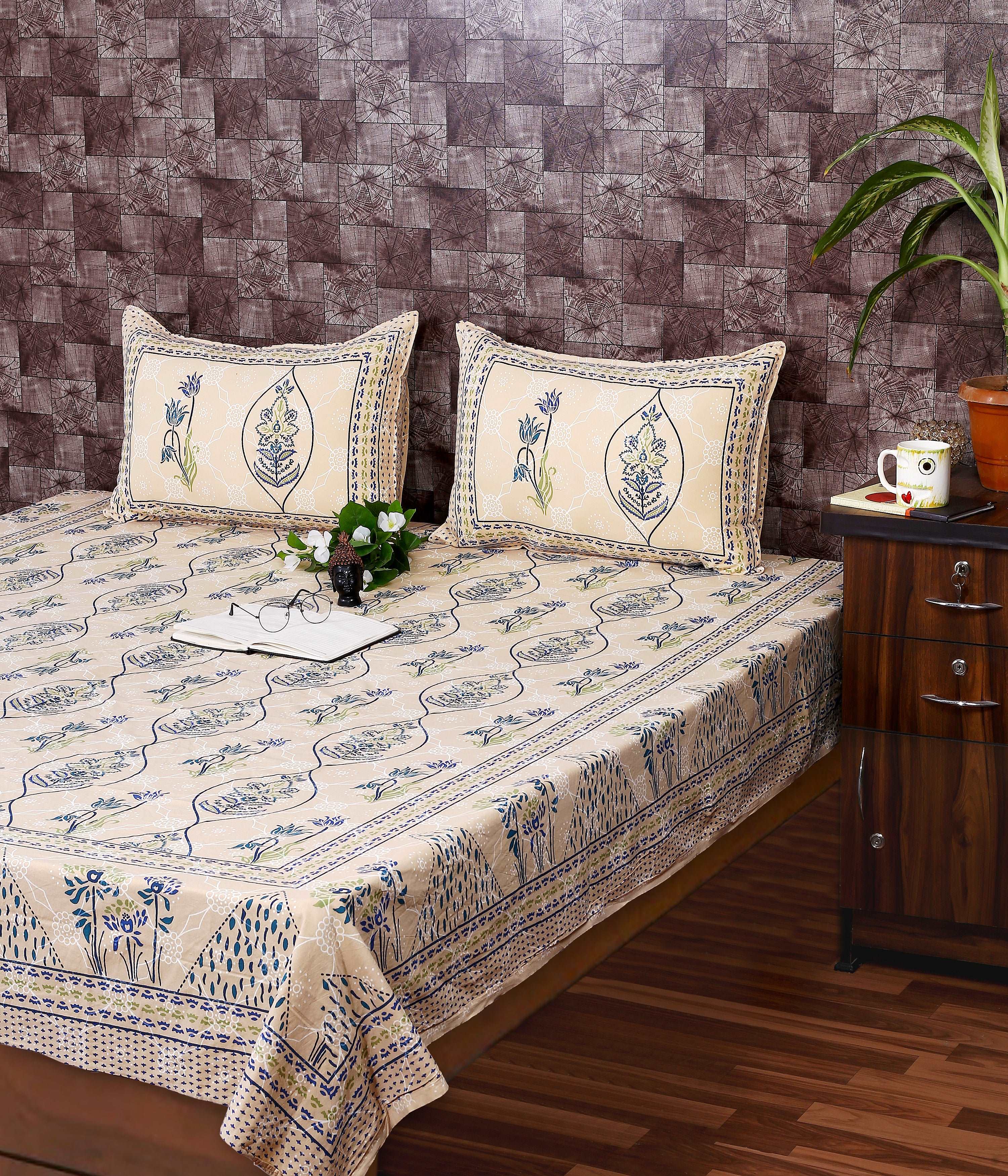 Bagru Floral Printed Indigo Sole Bedsheet" by Srishti Textile