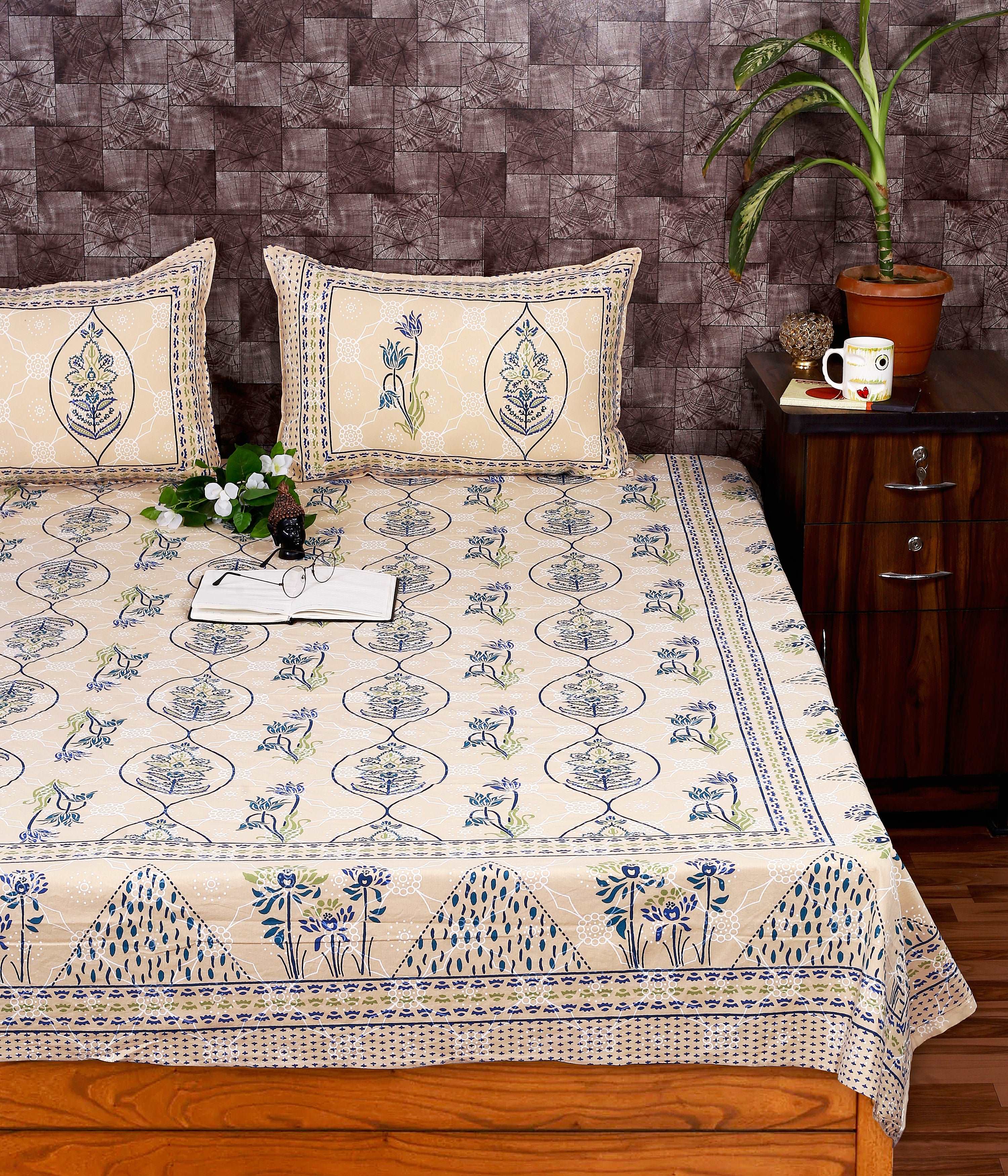 Bagru Floral Printed Indigo Sole Bedsheet" by Srishti Textile