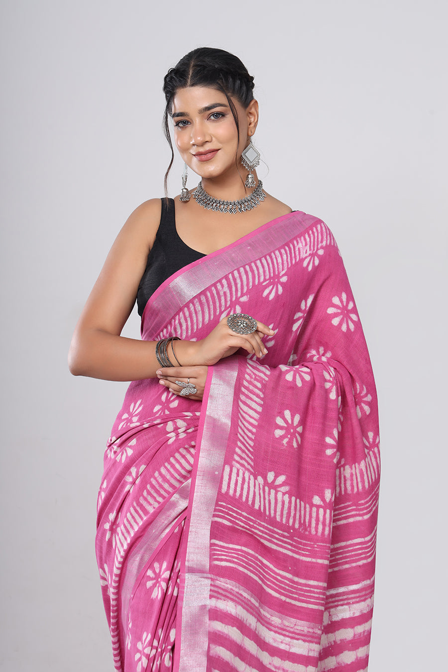 Srishti Textile: Hitesh Sharma's Curated Handblock Printed Pink Floral Linen Saree