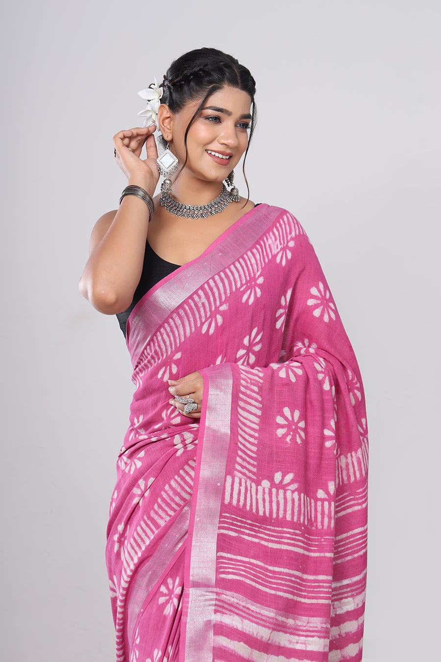 Srishti Textile: Hitesh Sharma's Curated Handblock Printed Pink Floral Linen Saree