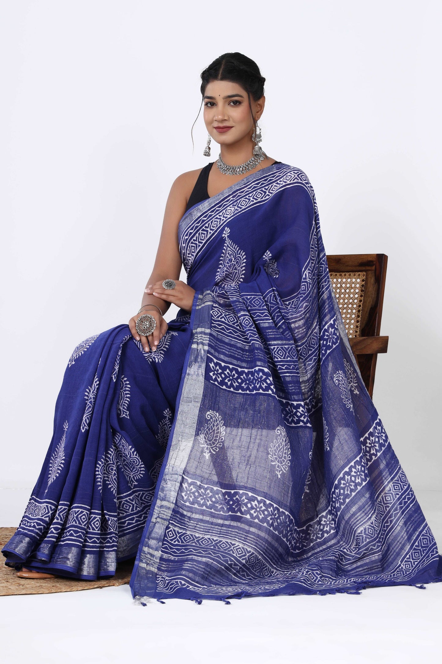 Jaipur Azure: Linen Hand Block Printed Saree in Blue Dyed Discharge