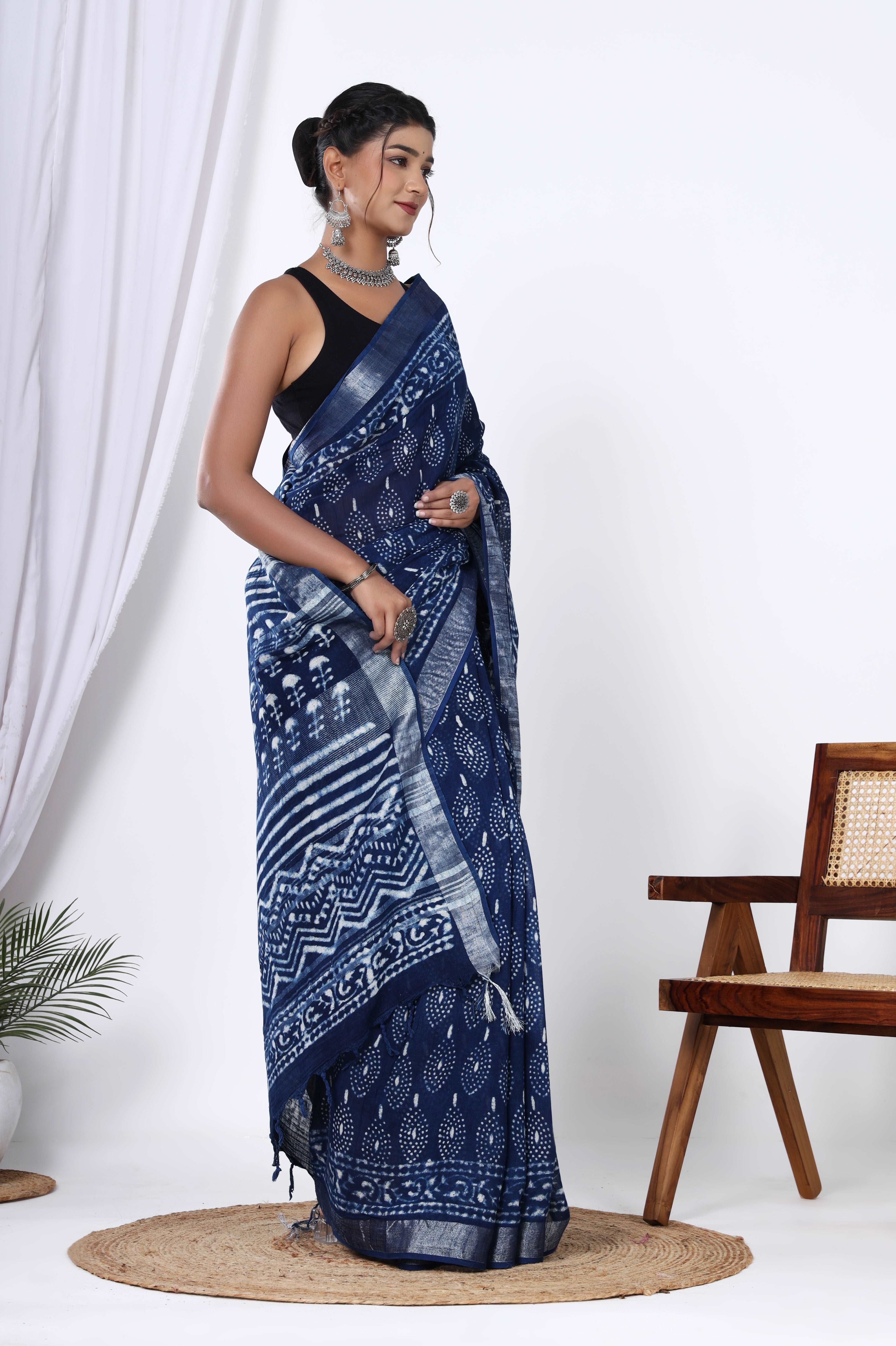 Indigo Elegance: Rajasthani Dabu Print Linen Saree