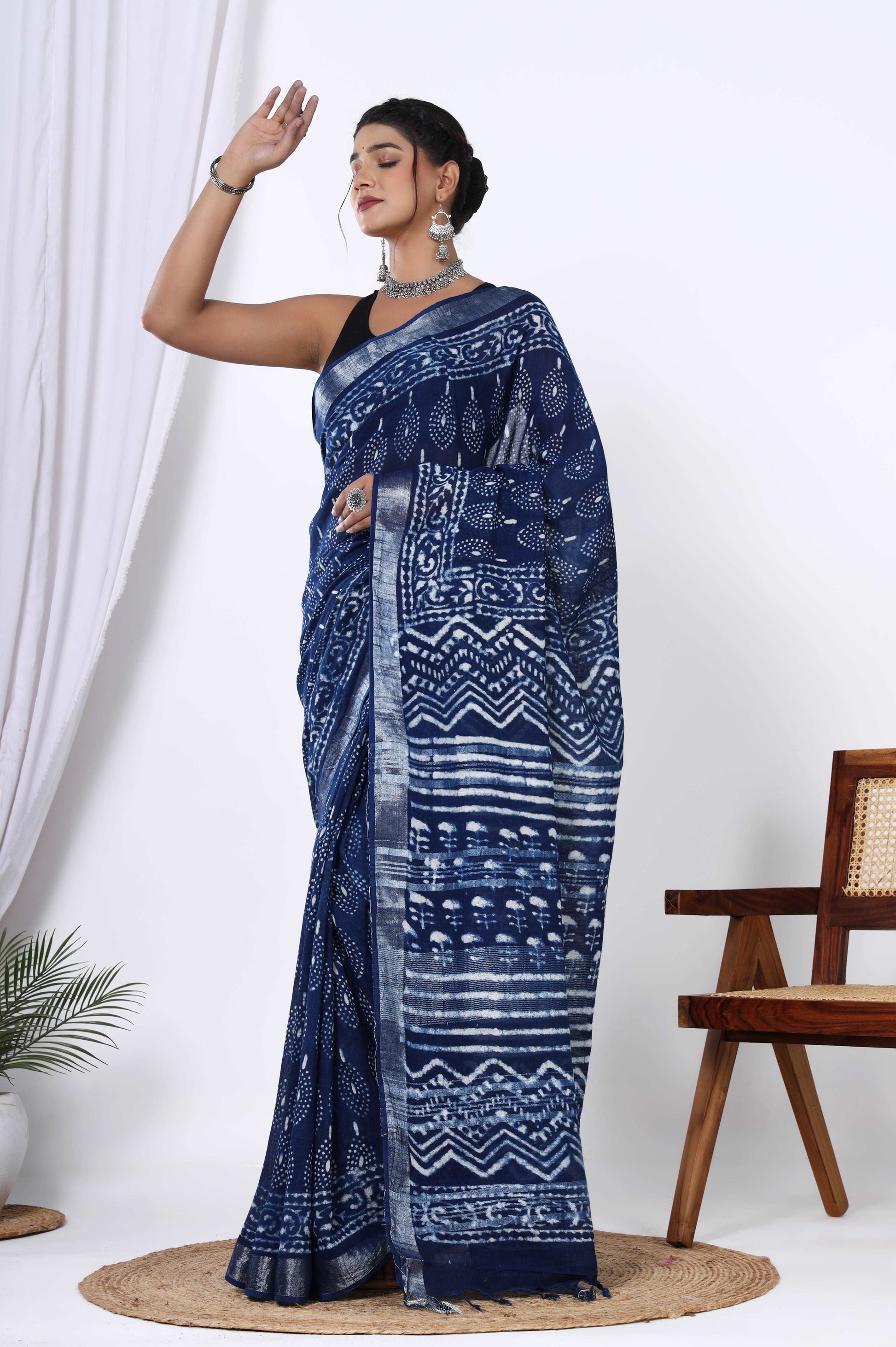 Indigo Elegance: Rajasthani Dabu Print Linen Saree