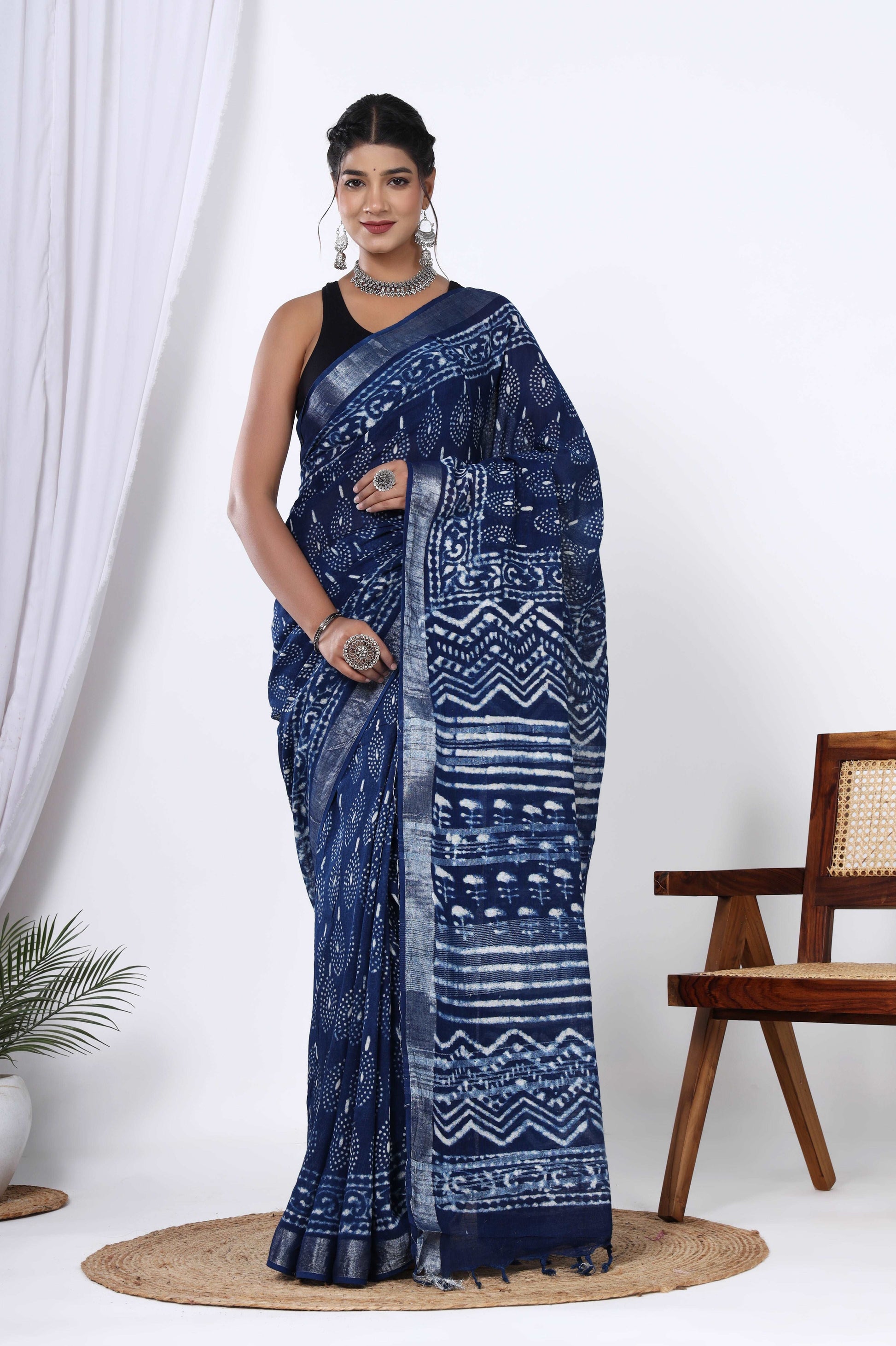 Indigo Elegance: Rajasthani Dabu Print Linen Saree