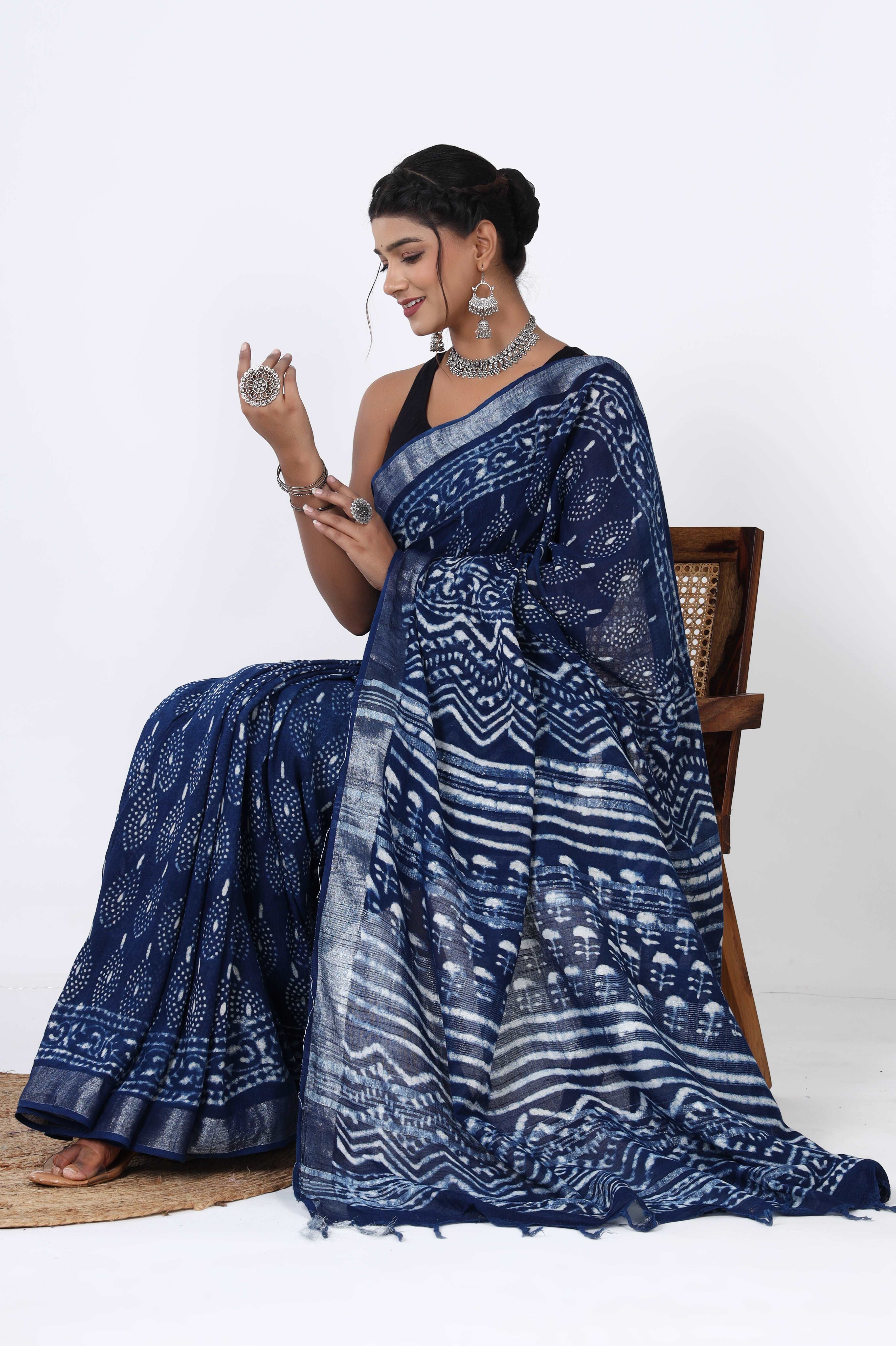 Indigo Elegance: Rajasthani Dabu Print Linen Saree