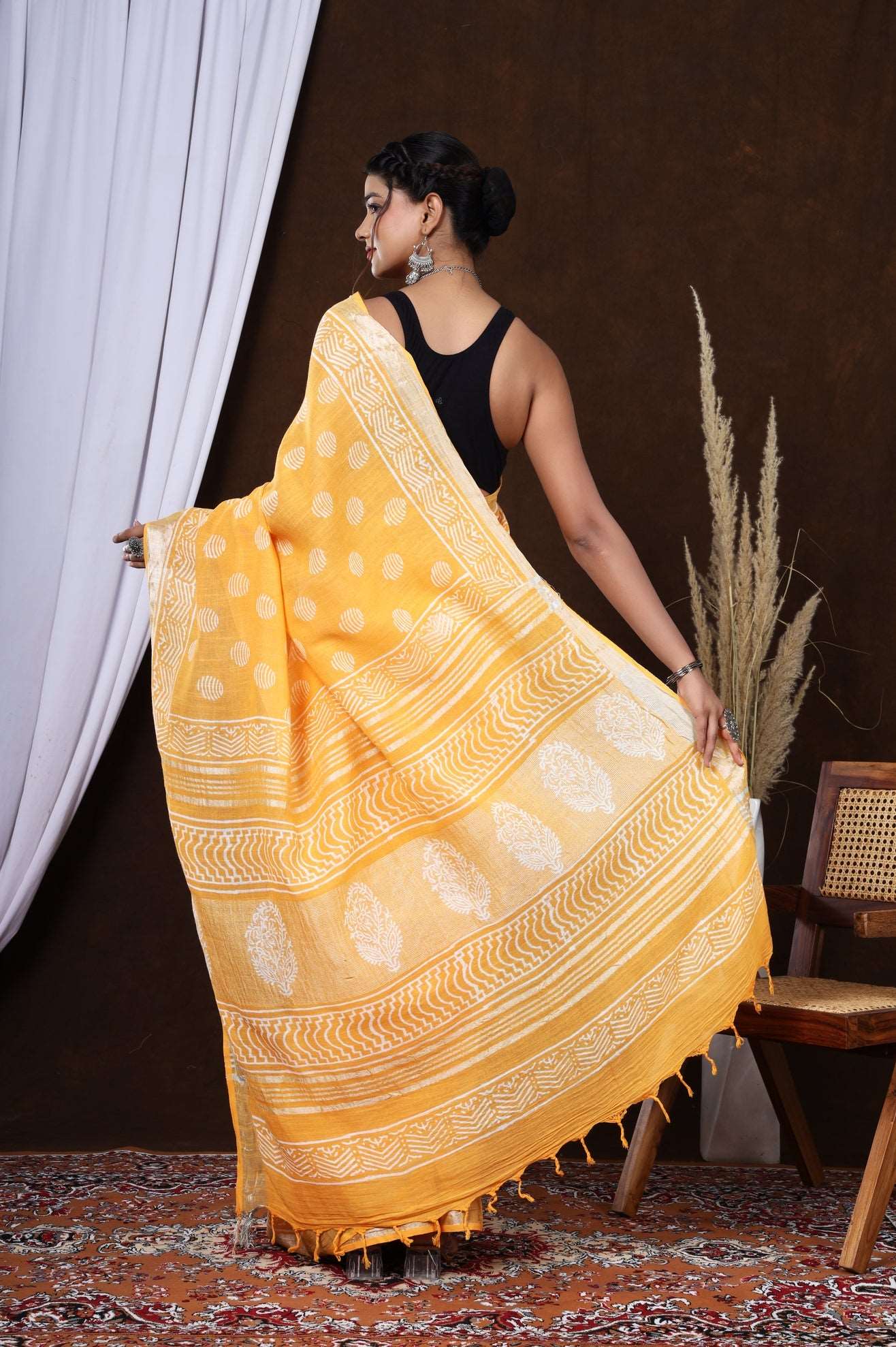 Golden Petals: Hand-Block Printed Linen Saree in Orange Floral Design