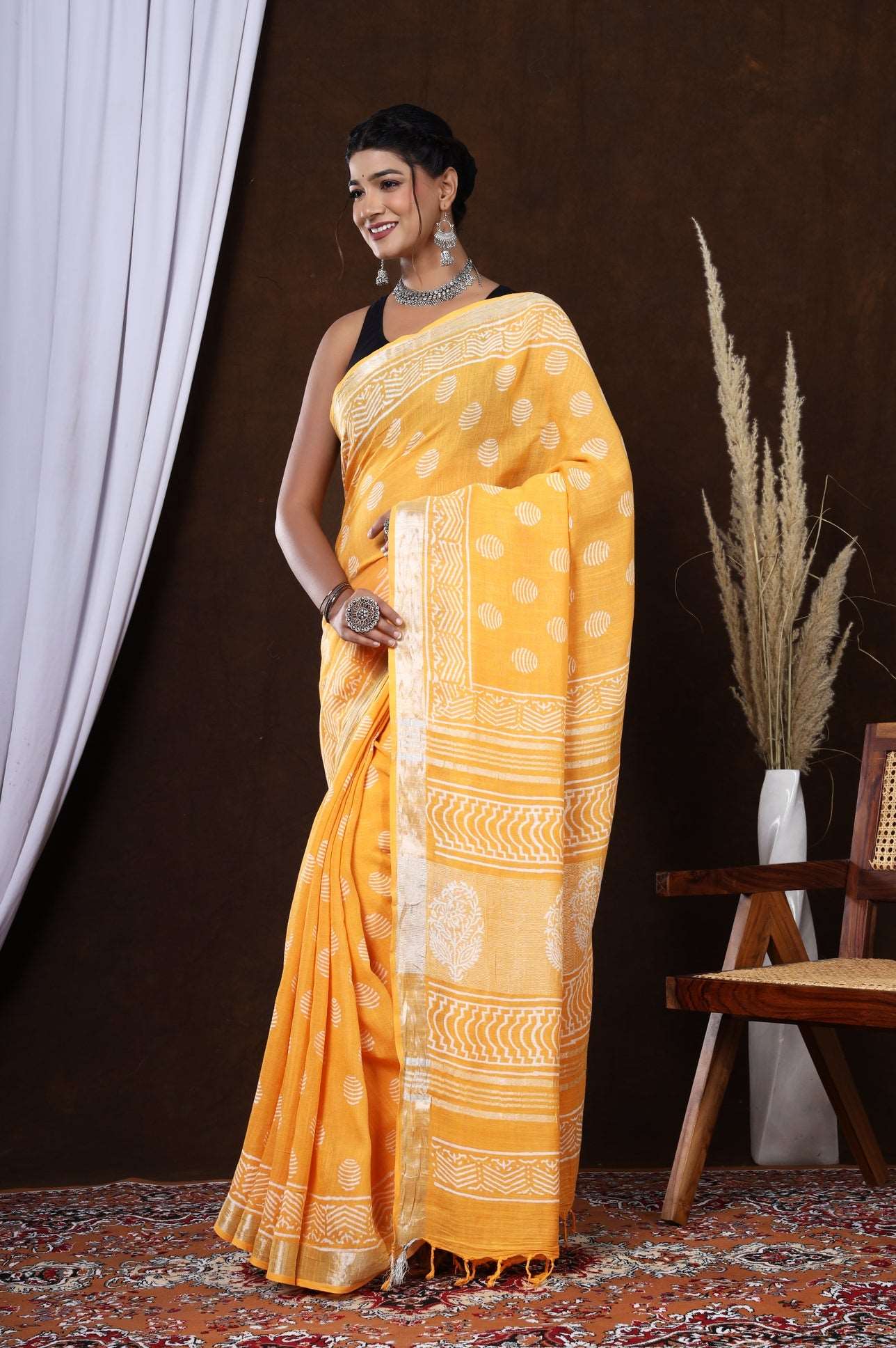 Golden Petals: Hand-Block Printed Linen Saree in Orange Floral Design