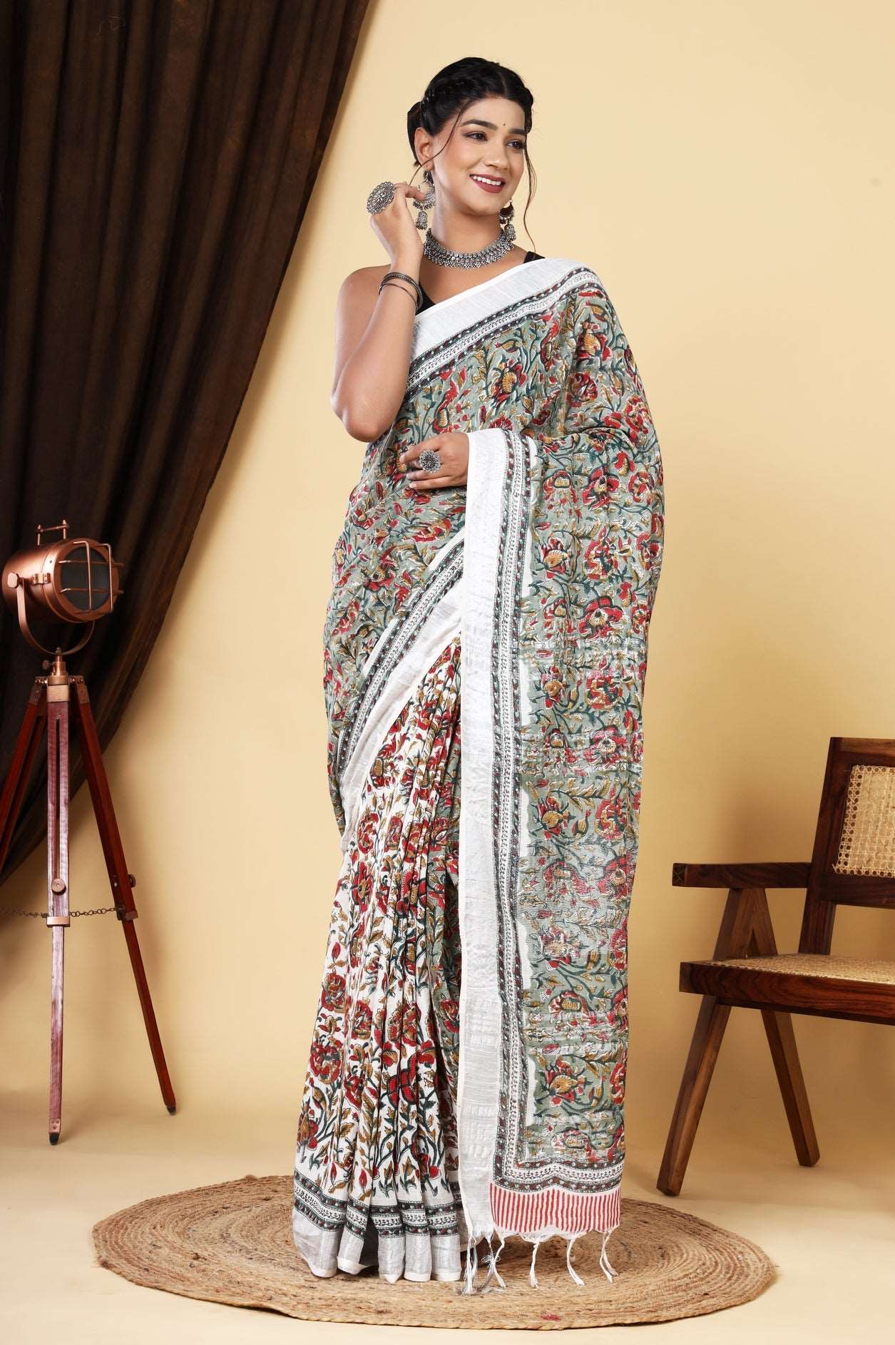 Floral Symphony: Linen Multicolor Hand Block Saree