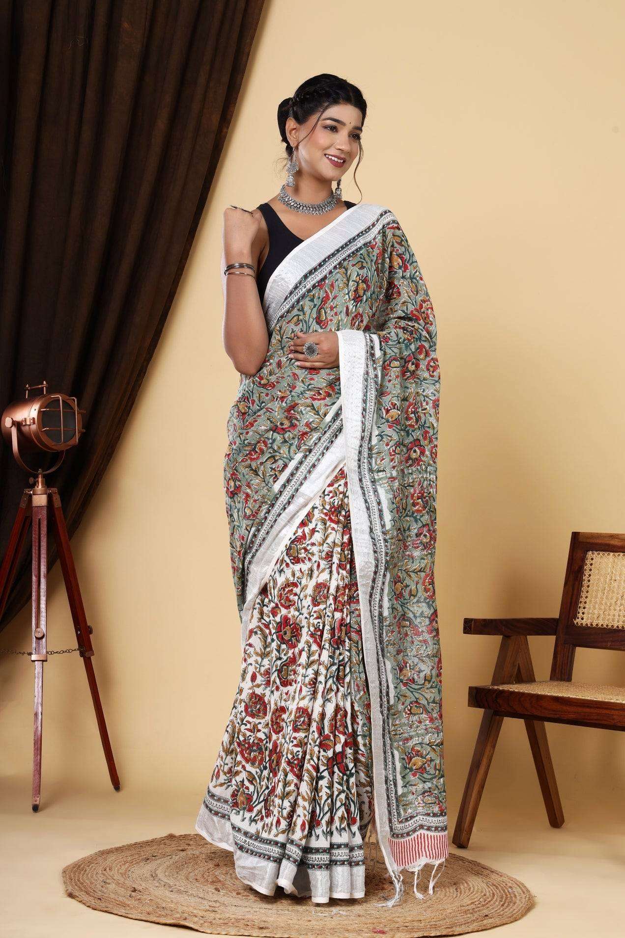 Floral Symphony: Linen Multicolor Hand Block Saree