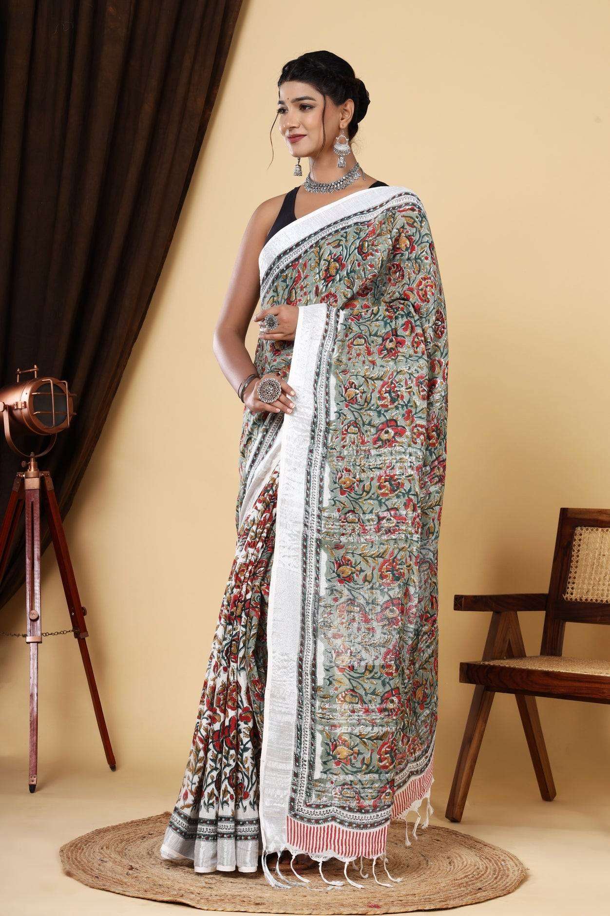 Floral Symphony: Linen Multicolor Hand Block Saree