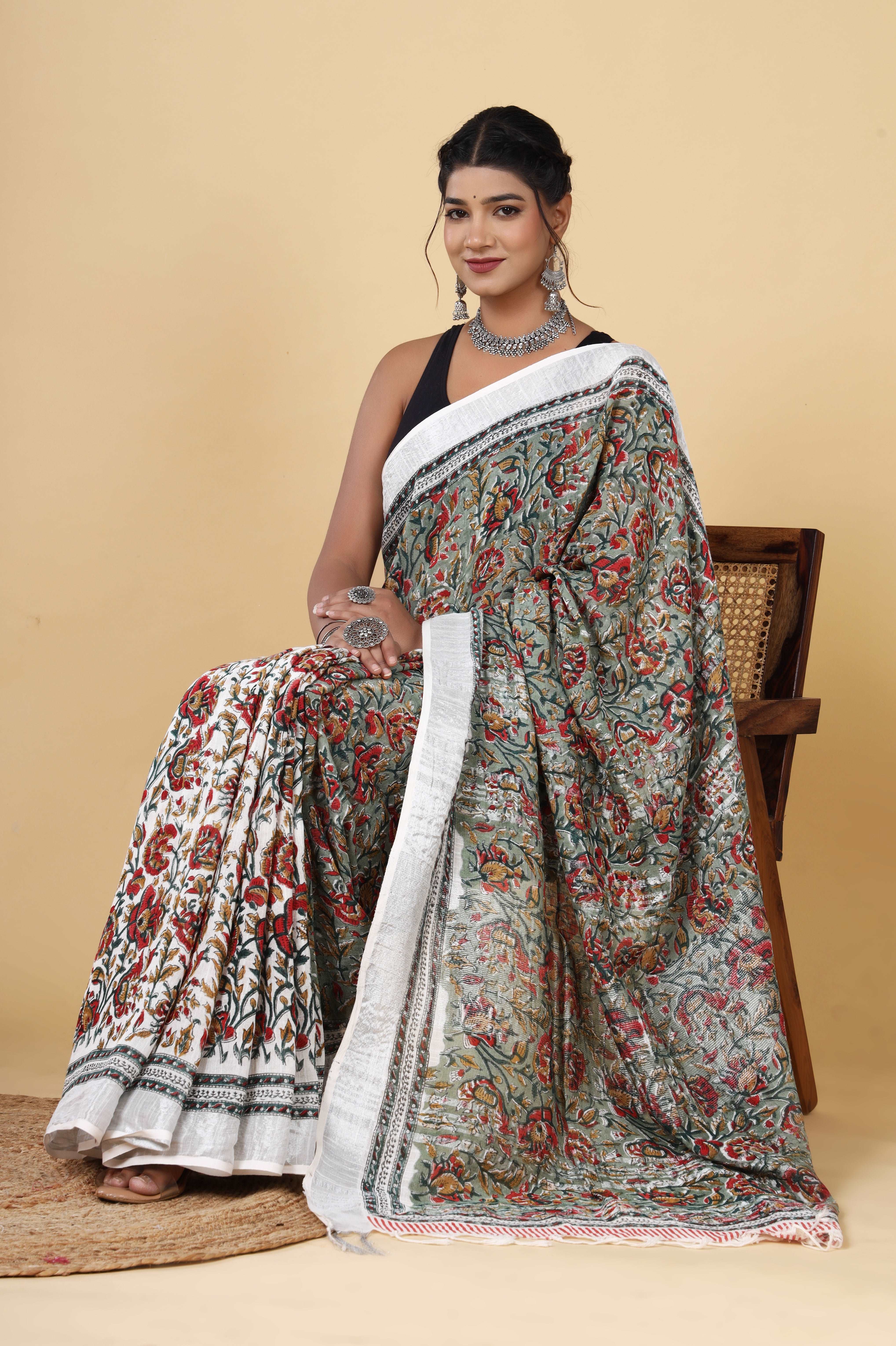 Floral Symphony: Linen Multicolor Hand Block Saree