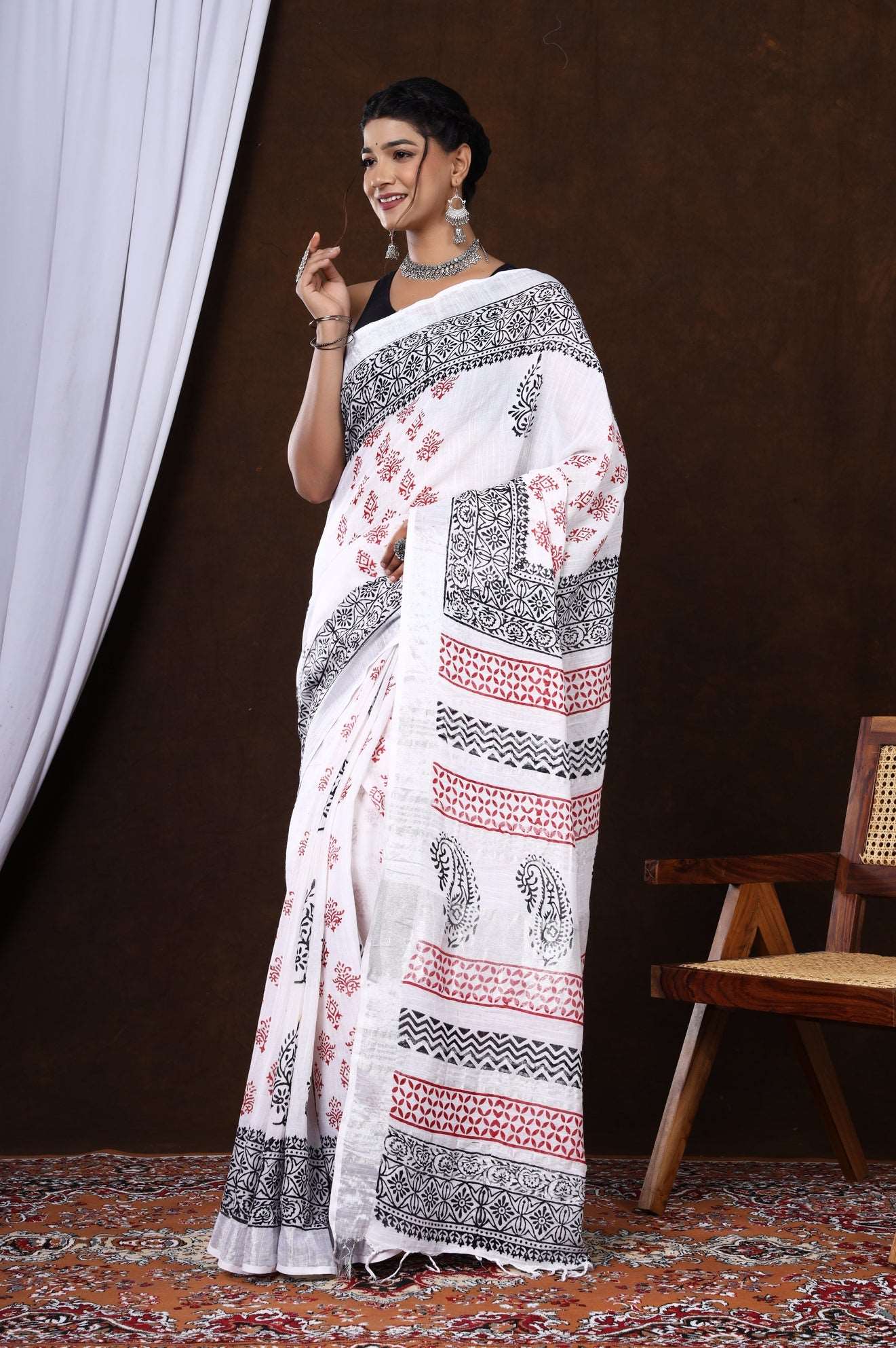 Elegant White Linen-Cotton Saree with Hand Block Red and Black Prints