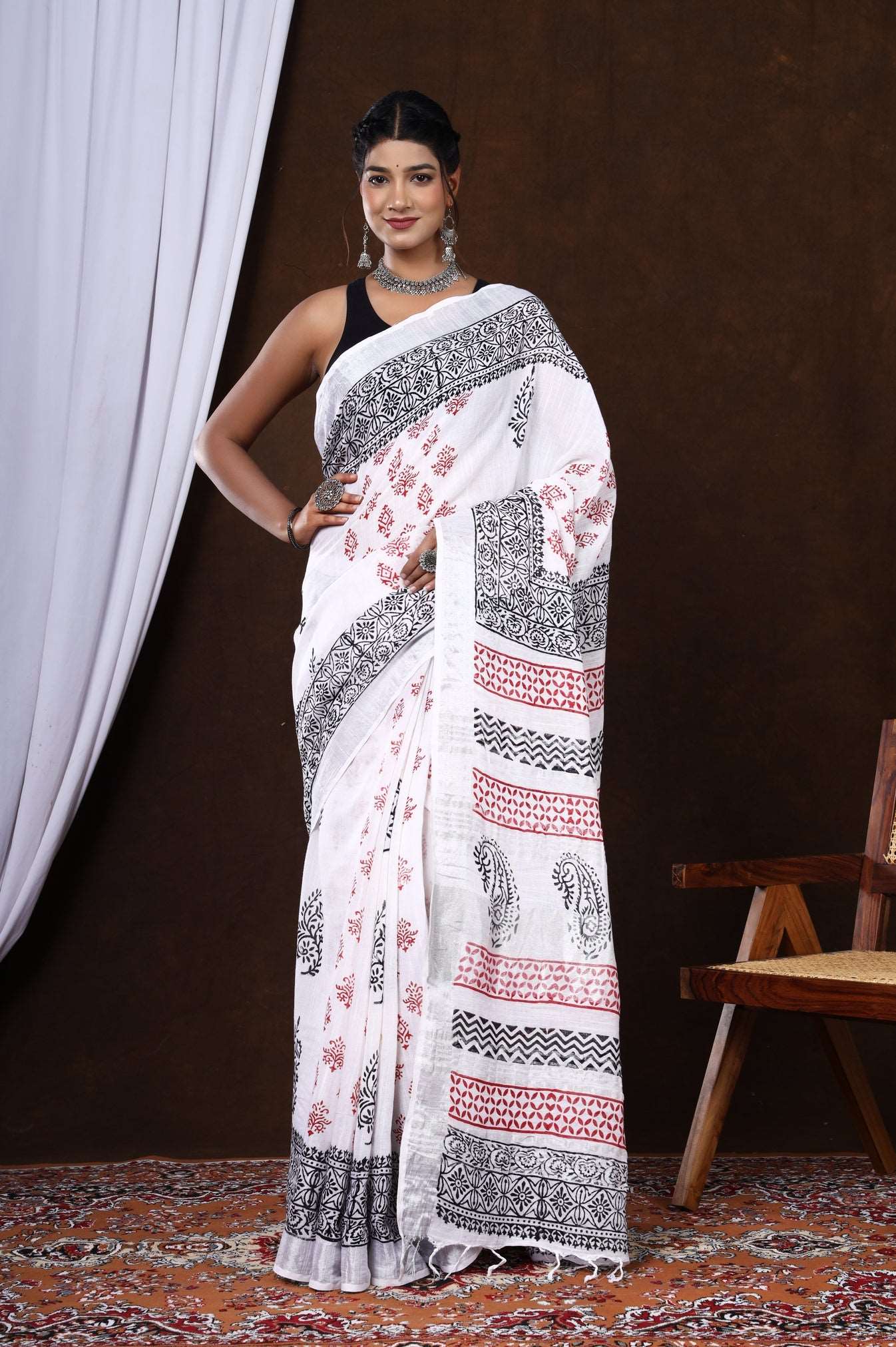 Elegant White Linen-Cotton Saree with Hand Block Red and Black Prints