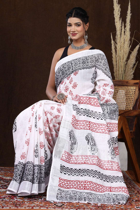 Elegant White Linen-Cotton Saree with Hand Block Red and Black Prints