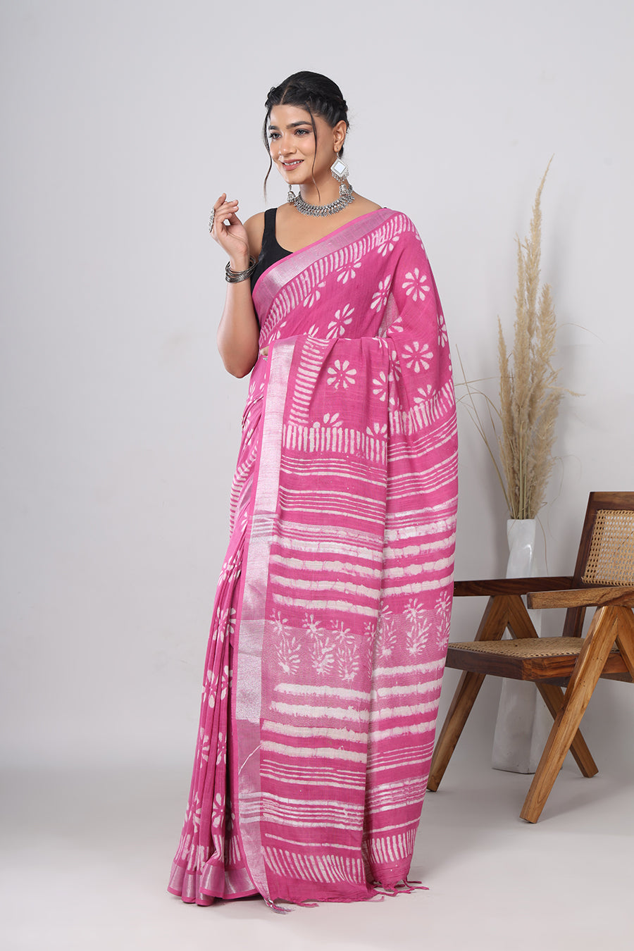 Srishti Textile: Hitesh Sharma's Curated Handblock Printed Pink Floral Linen Saree