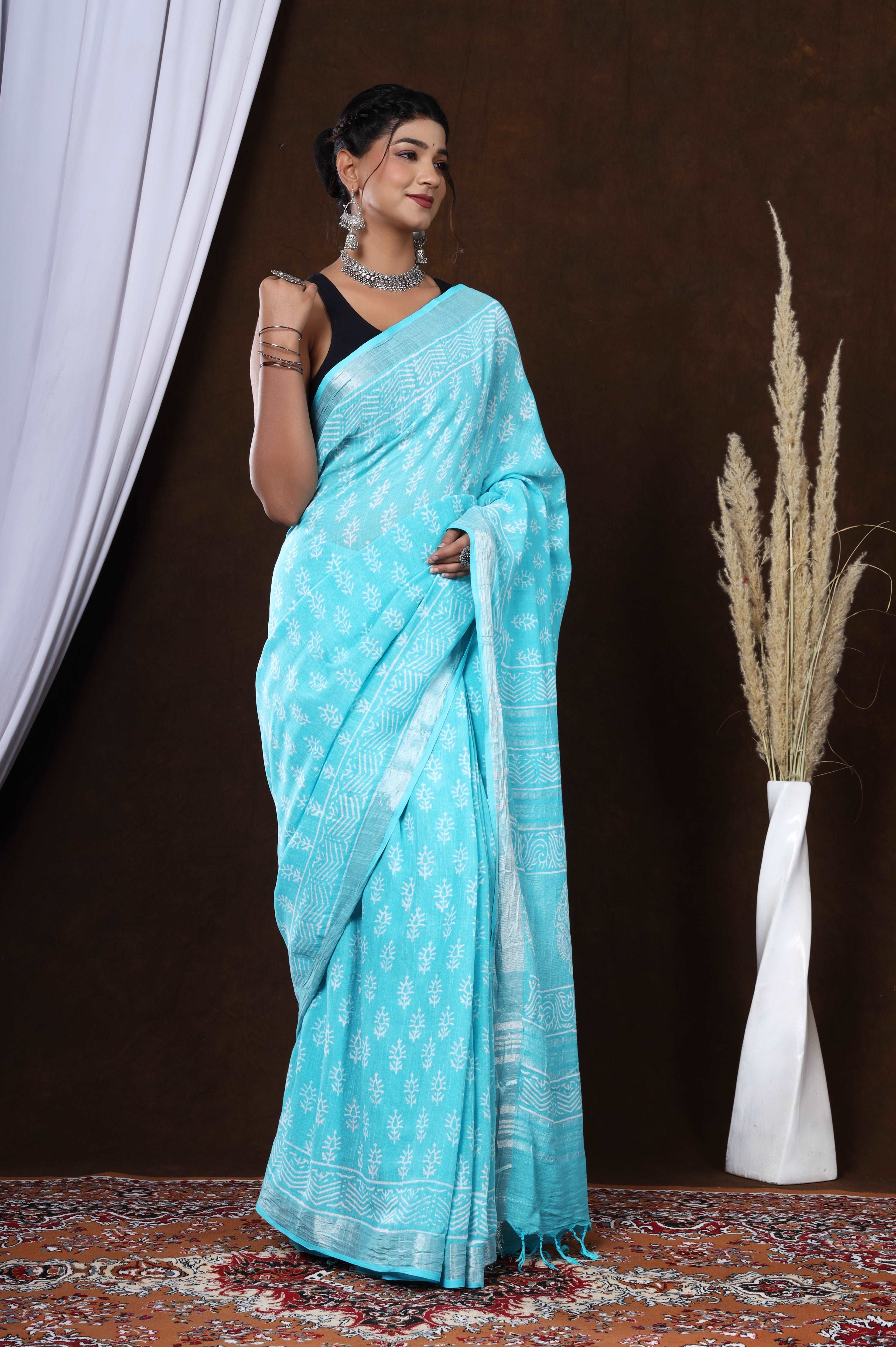 Blooming Cyan Linen: Dyed Discharge Booti Print Handblock Saree