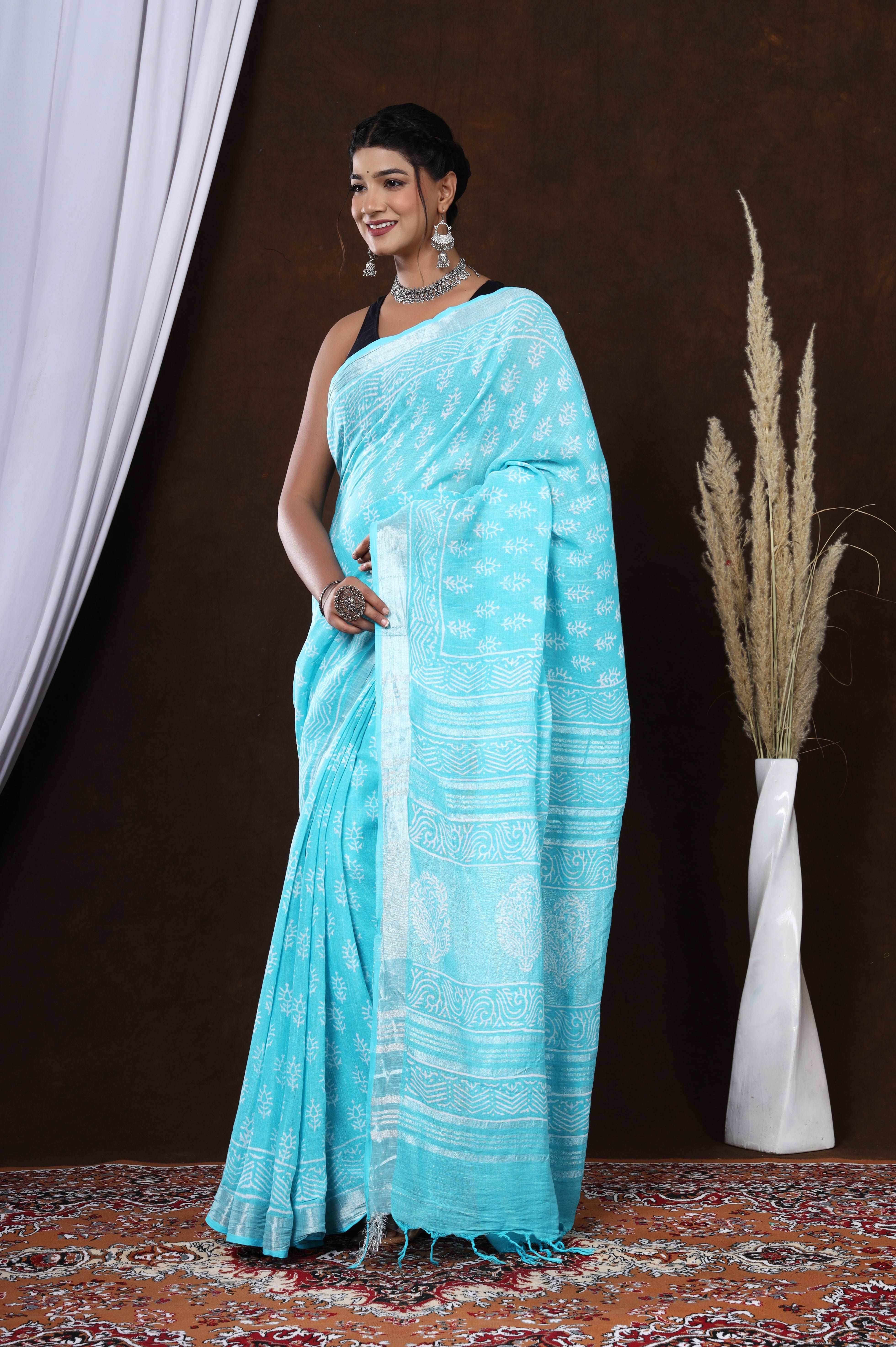 Blooming Cyan Linen: Dyed Discharge Booti Print Handblock Saree