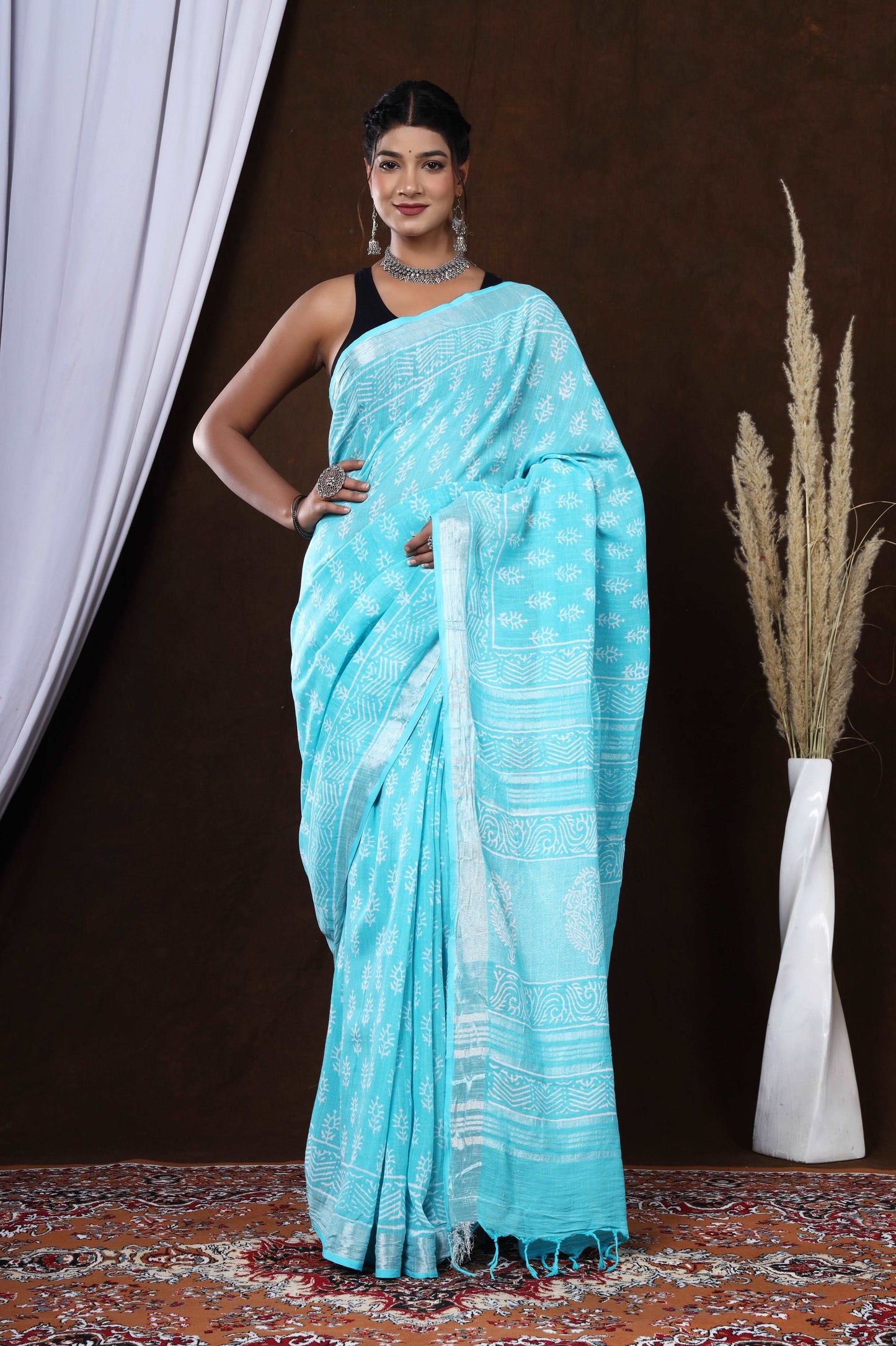 Blooming Cyan Linen: Dyed Discharge Booti Print Handblock Saree