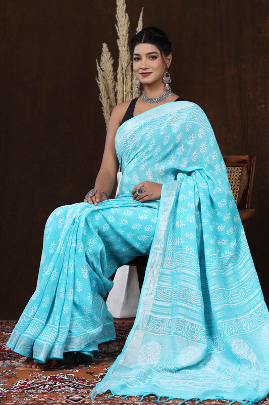 Blooming Cyan Linen: Dyed Discharge Booti Print Handblock Saree