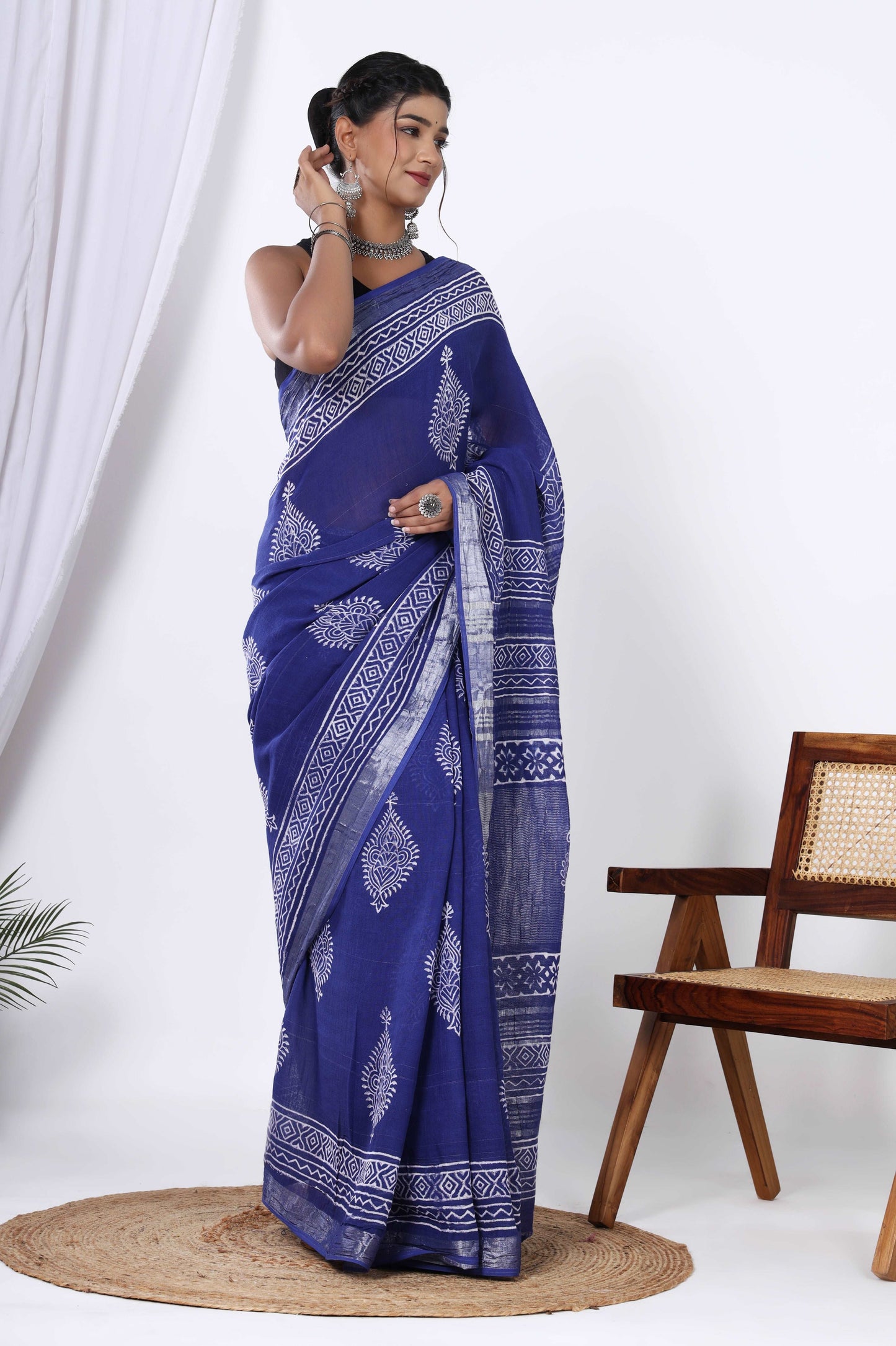 Jaipur Azure: Linen Hand Block Printed Saree in Blue Dyed Discharge