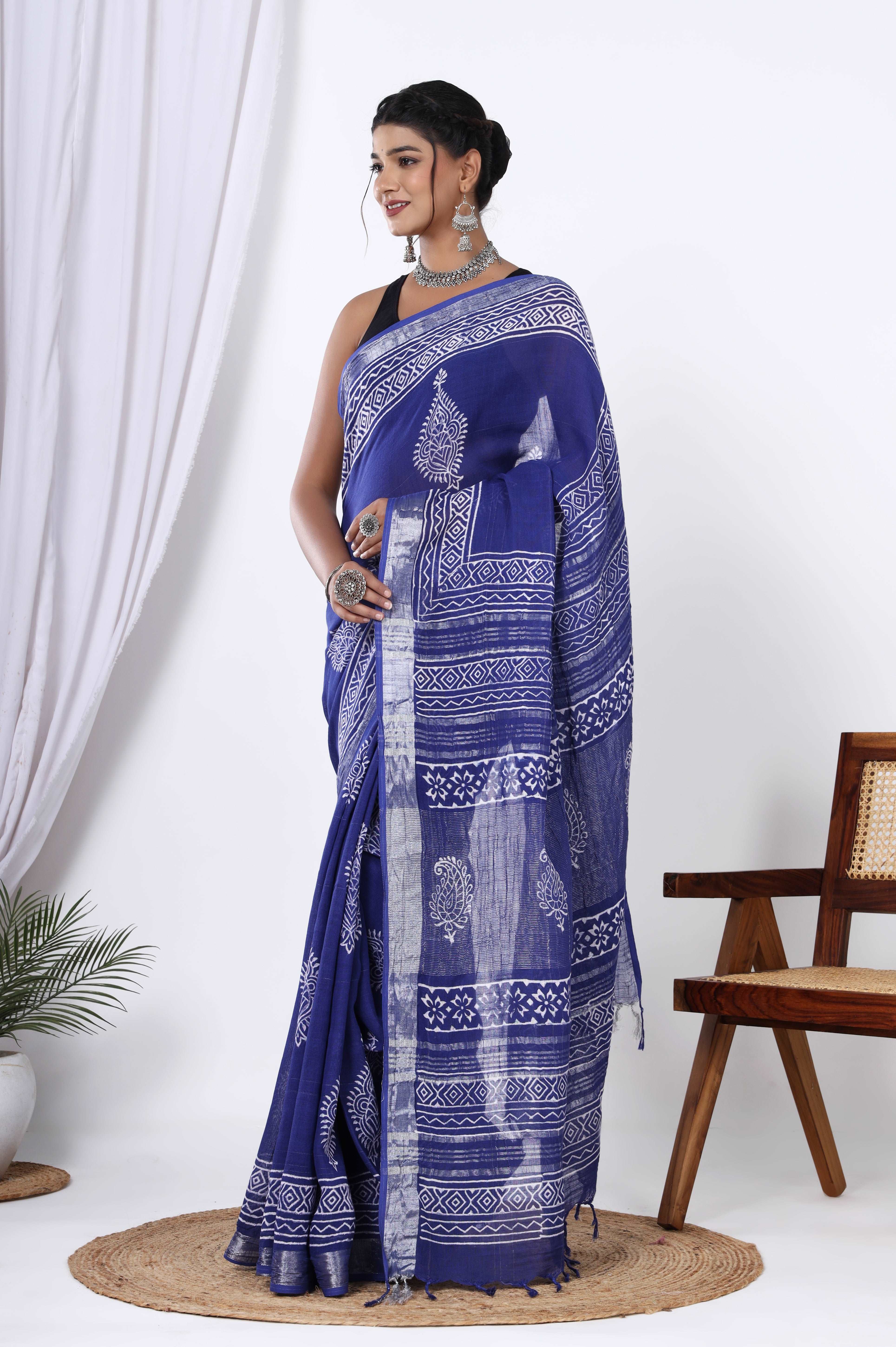 Jaipur Azure: Linen Hand Block Printed Saree in Blue Dyed Discharge