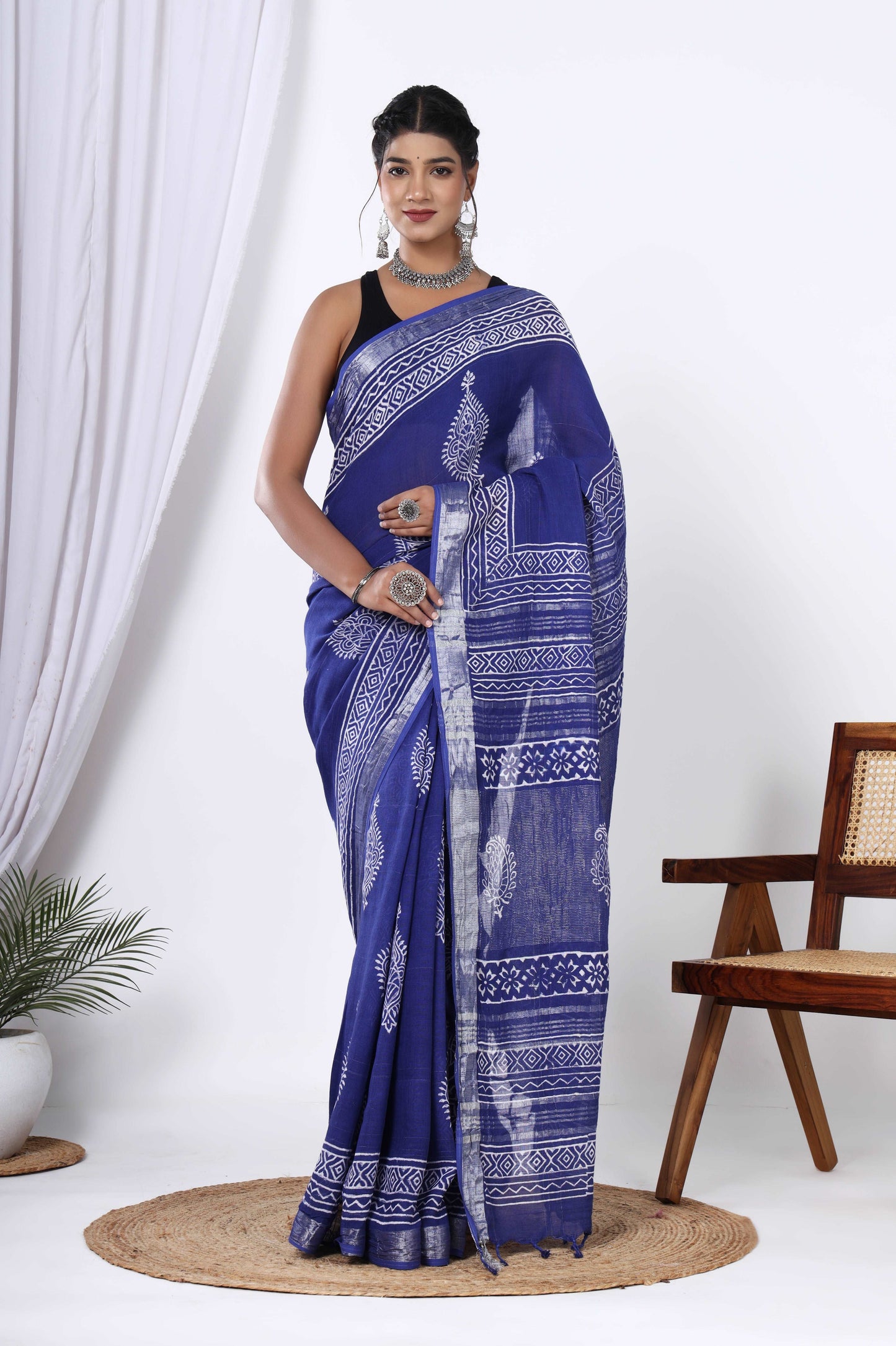 Jaipur Azure: Linen Hand Block Printed Saree in Blue Dyed Discharge