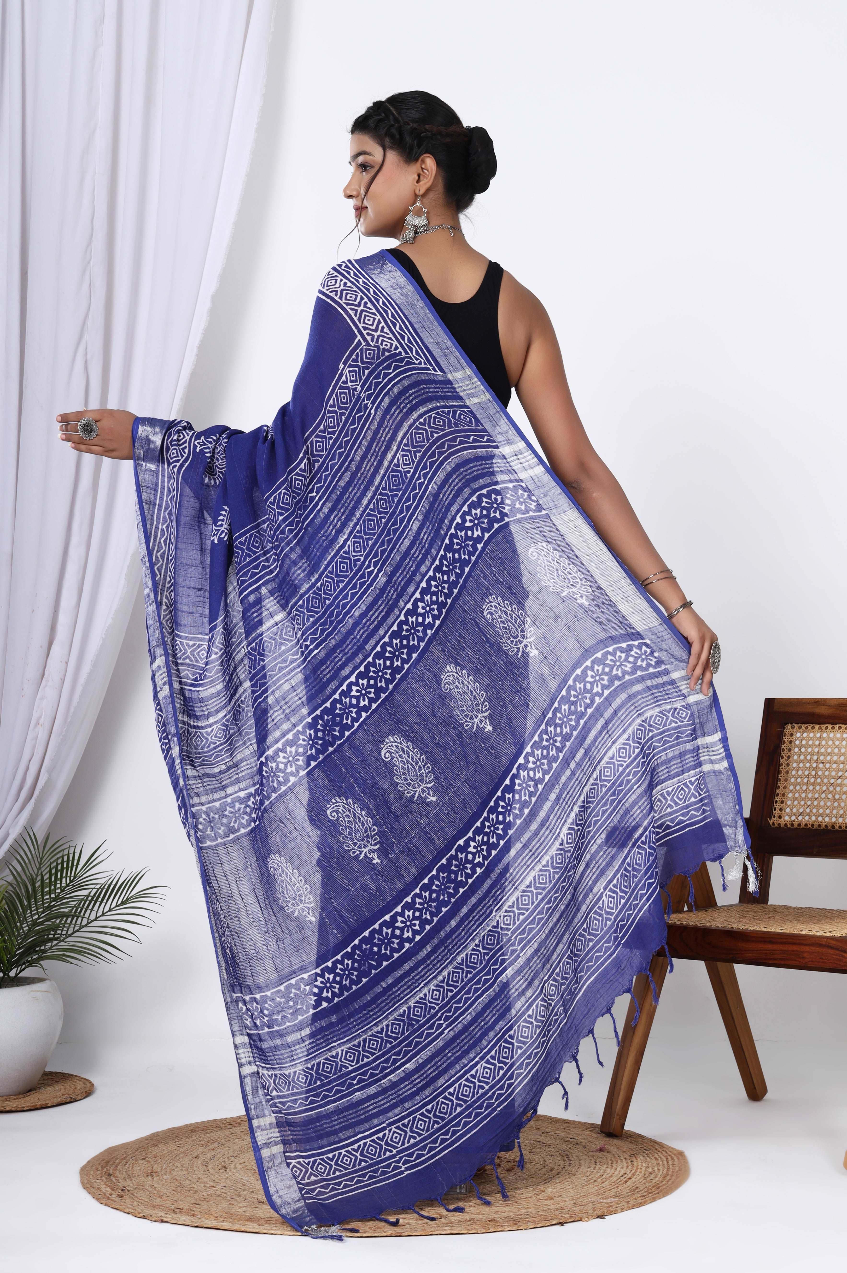 Jaipur Azure: Linen Hand Block Printed Saree in Blue Dyed Discharge