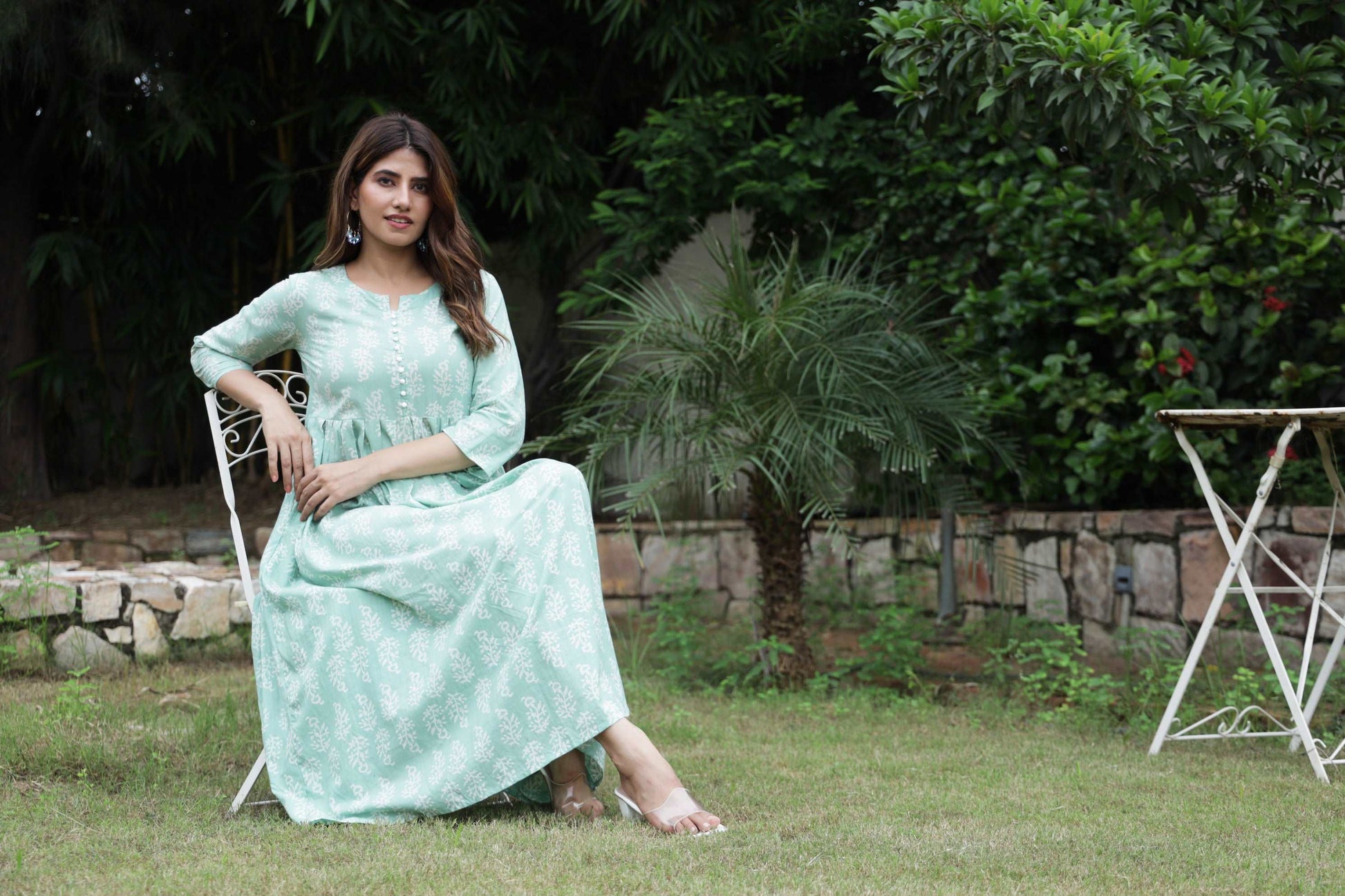 Jaipuri Blossoms: Handblock Printed Cotton Long Kurti in Bluish Cyan with Floral Artistry and Pocket Accent