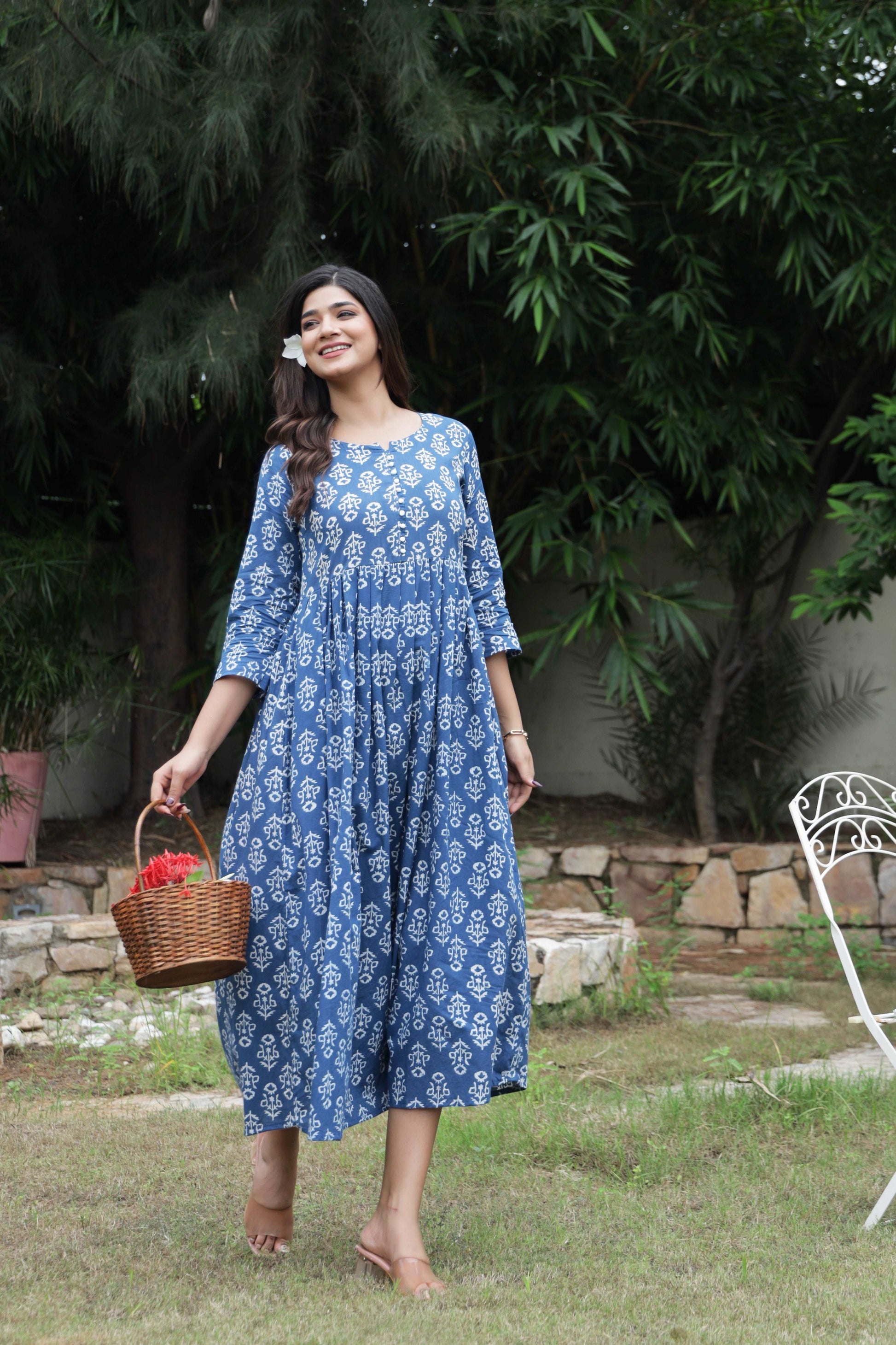 Indigo Blooms: Handblock Printed Cotton Long Kurti with Pocket