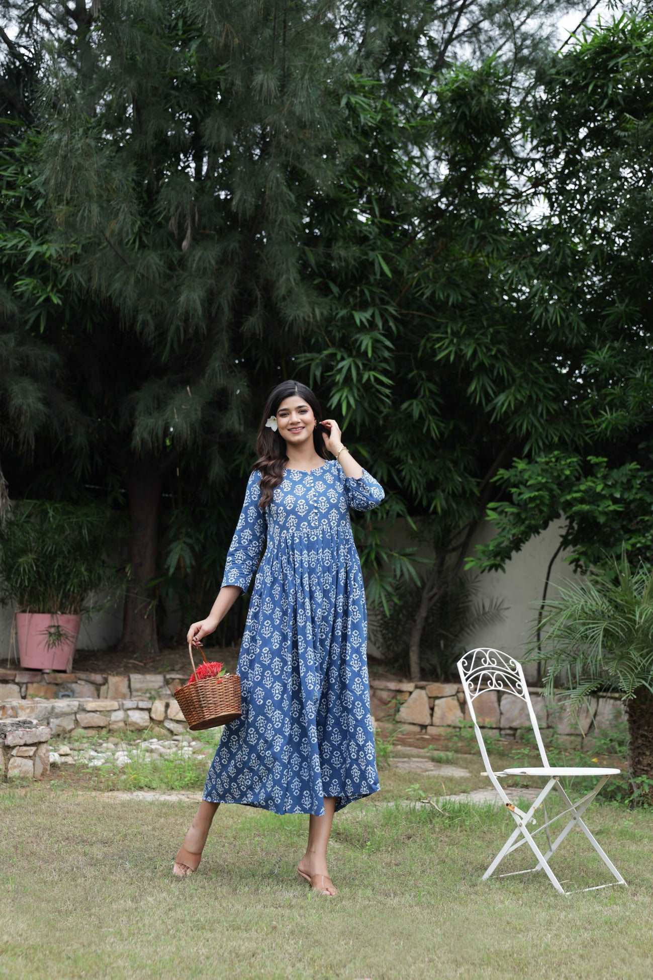 Indigo Blooms: Handblock Printed Cotton Long Kurti with Pocket