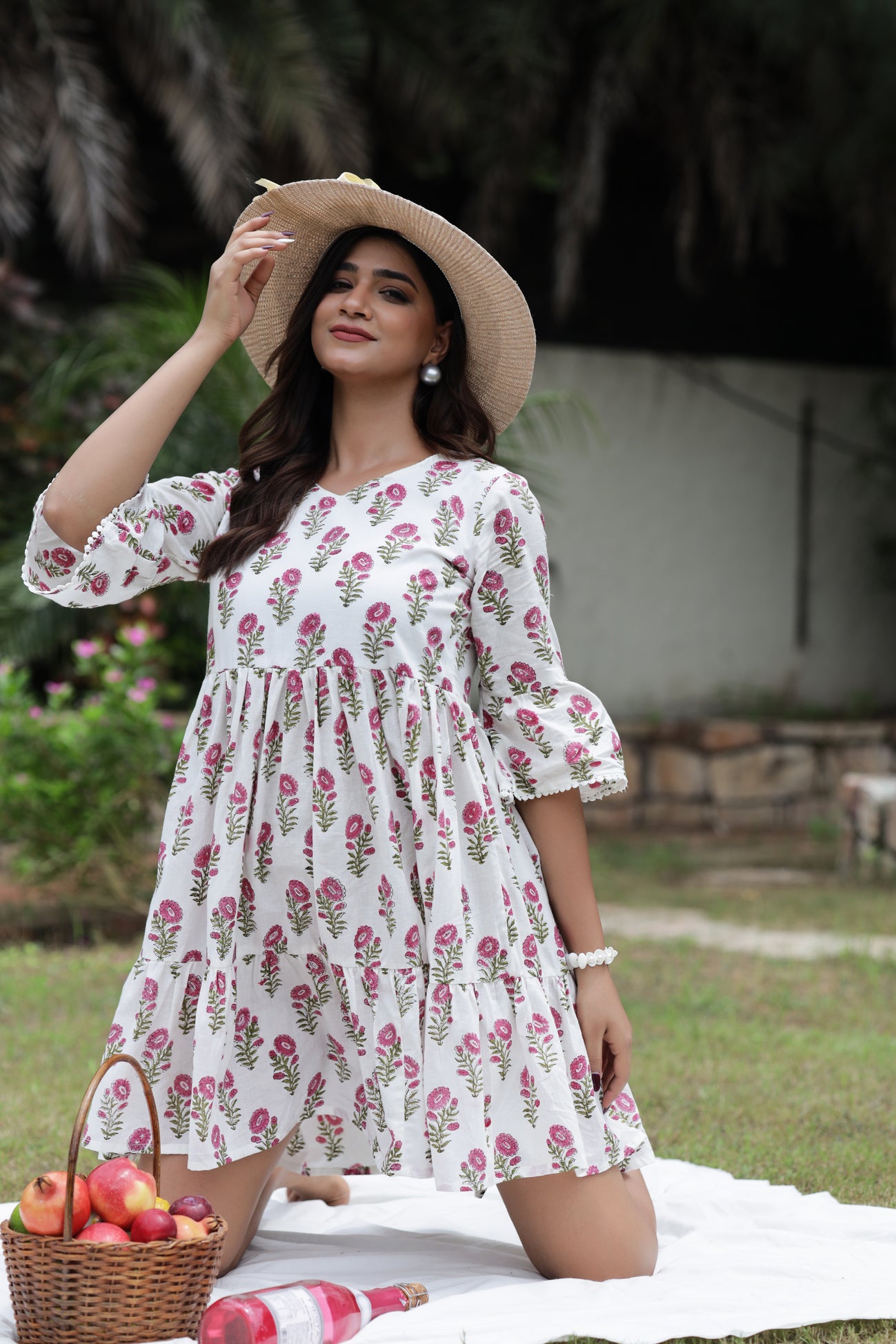 White Jaipuri HandBlock Floral Booti Print Cotton Short Kurti for Women