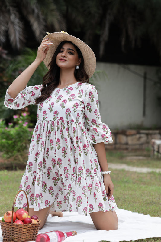 White Jaipuri HandBlock Floral Booti Print Cotton Short Kurti for Women