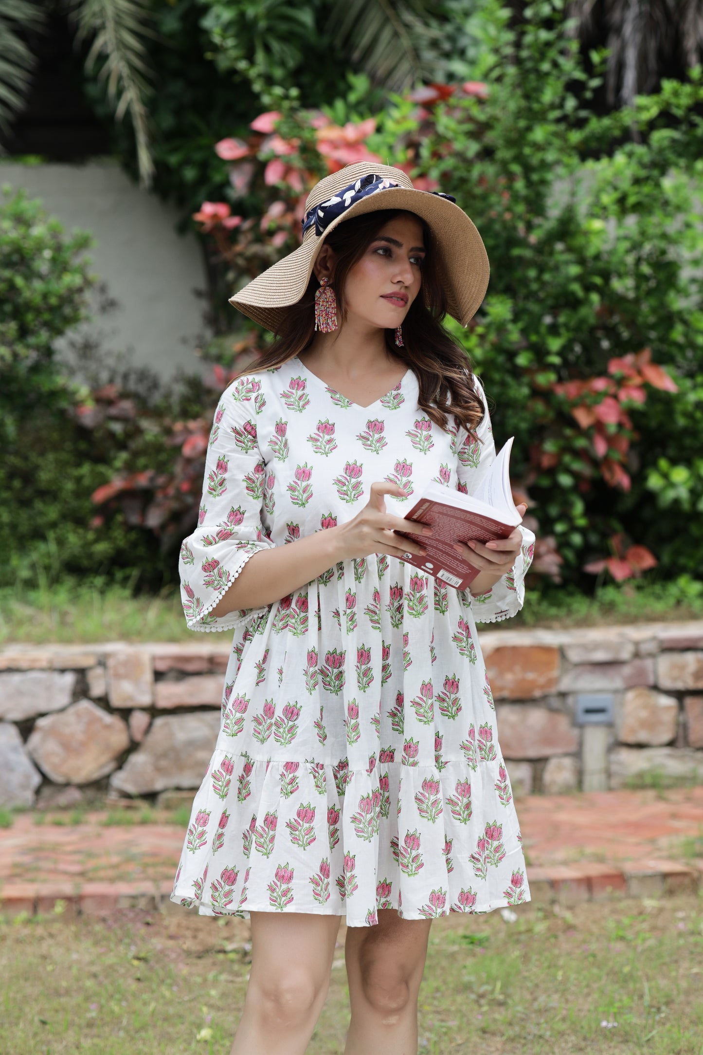 White Jaipuri Floral HandBlock Cotton Short Kurti with Booti Print and Pocket