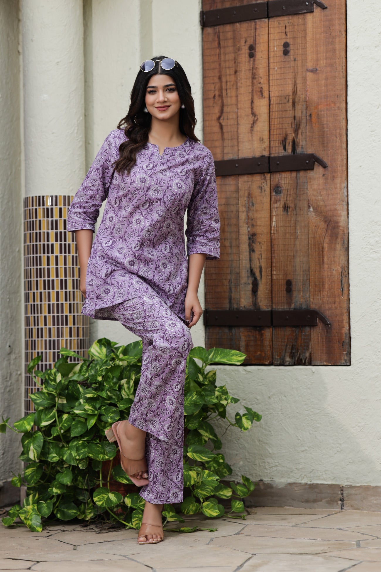 Srishti Textile Pure Cotton Purple Floral Handblock Print Co-ord Set - Perfect for Casual Wear