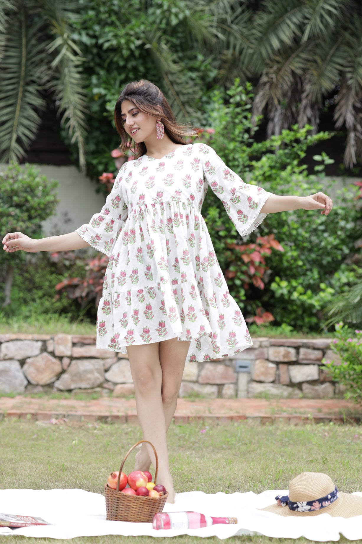 White Jaipuri Floral HandBlock Cotton Short Kurti with Booti Print and Pocket