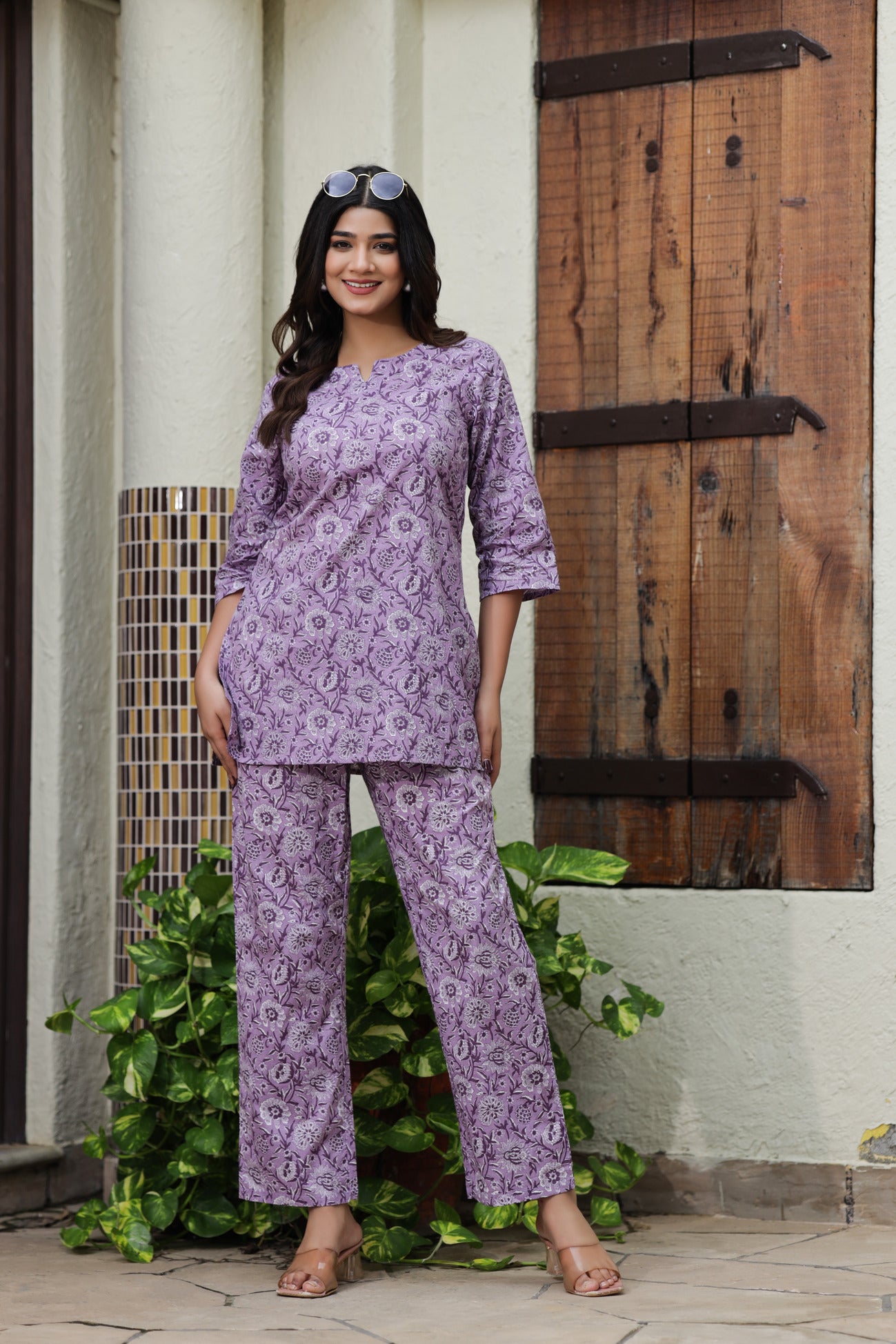 Srishti Textile Pure Cotton Purple Floral Handblock Print Co-ord Set - Perfect for Casual Wear