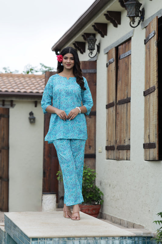 Srishti Textile Pure Cotton Bluish Cyan Floral Handblock Print Co-ord Set - Perfect for Casual Wear