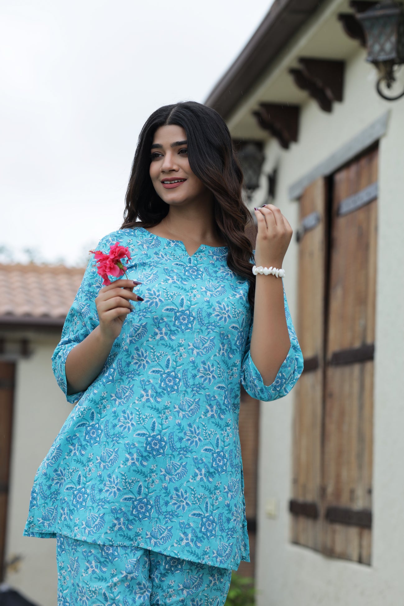 Srishti Textile Pure Cotton Bluish Cyan Floral Handblock Print Co-ord Set - Perfect for Casual Wear