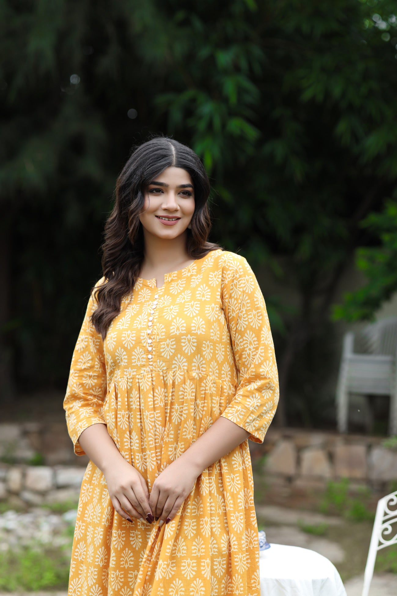 Yellow Jaipuri Handblock Printed Cotton Long Kurti with Booti Print and Pocket