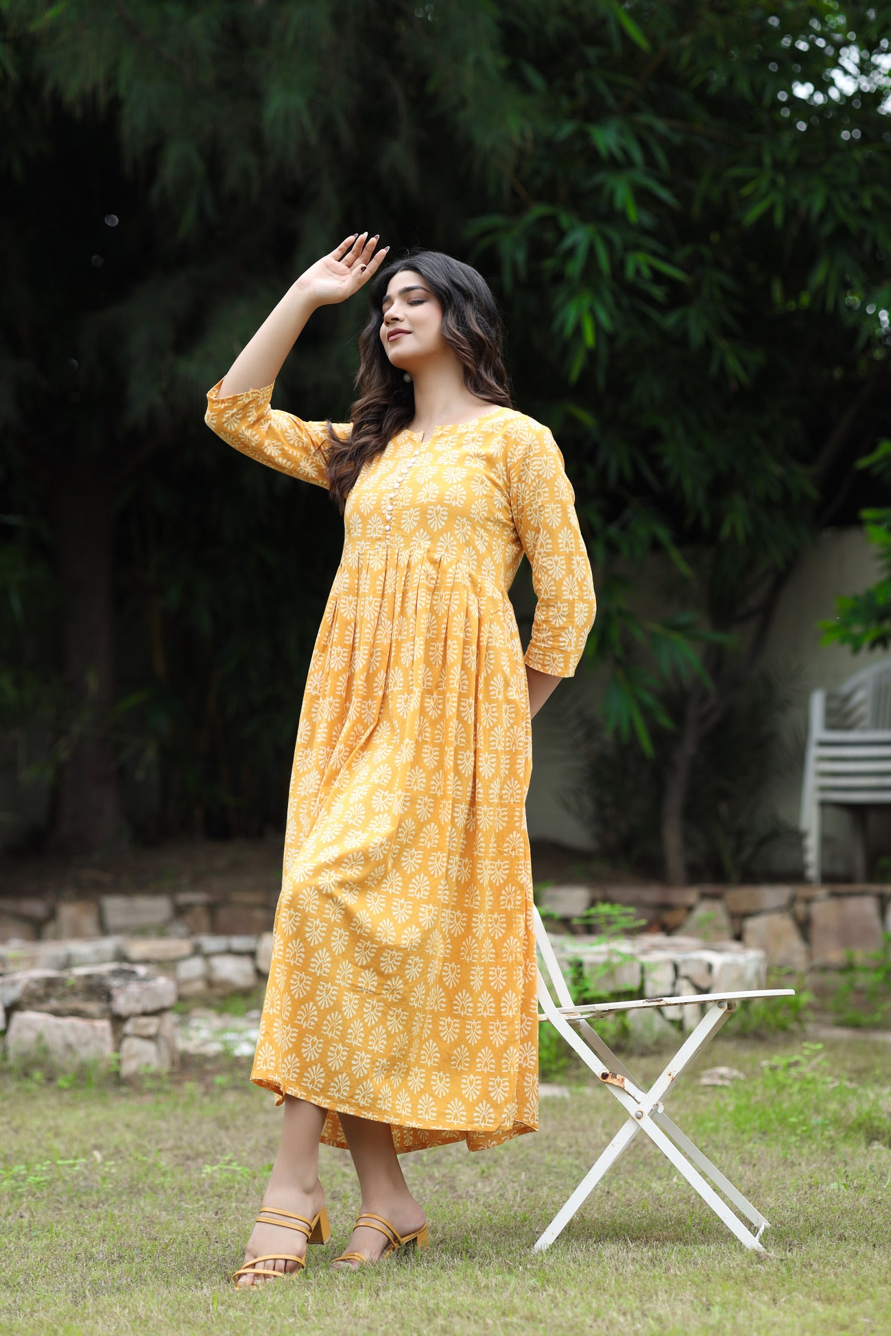 Yellow Jaipuri Handblock Printed Cotton Long Kurti with Booti Print and Pocket