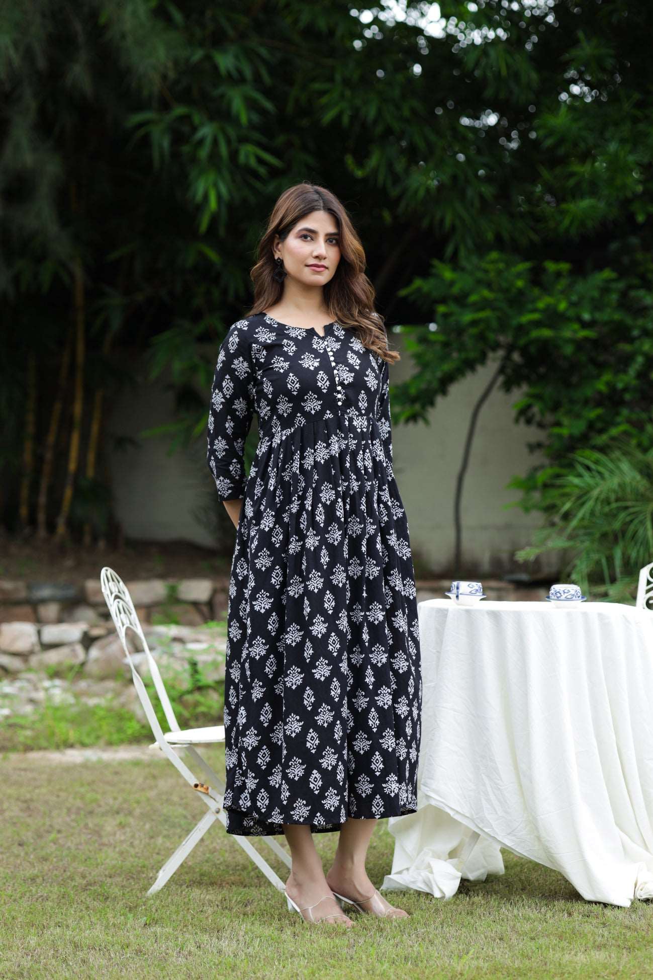 Chic Black and White HandBlock Printed Cotton Long Kurti with Block Print Design and Handy Pocket