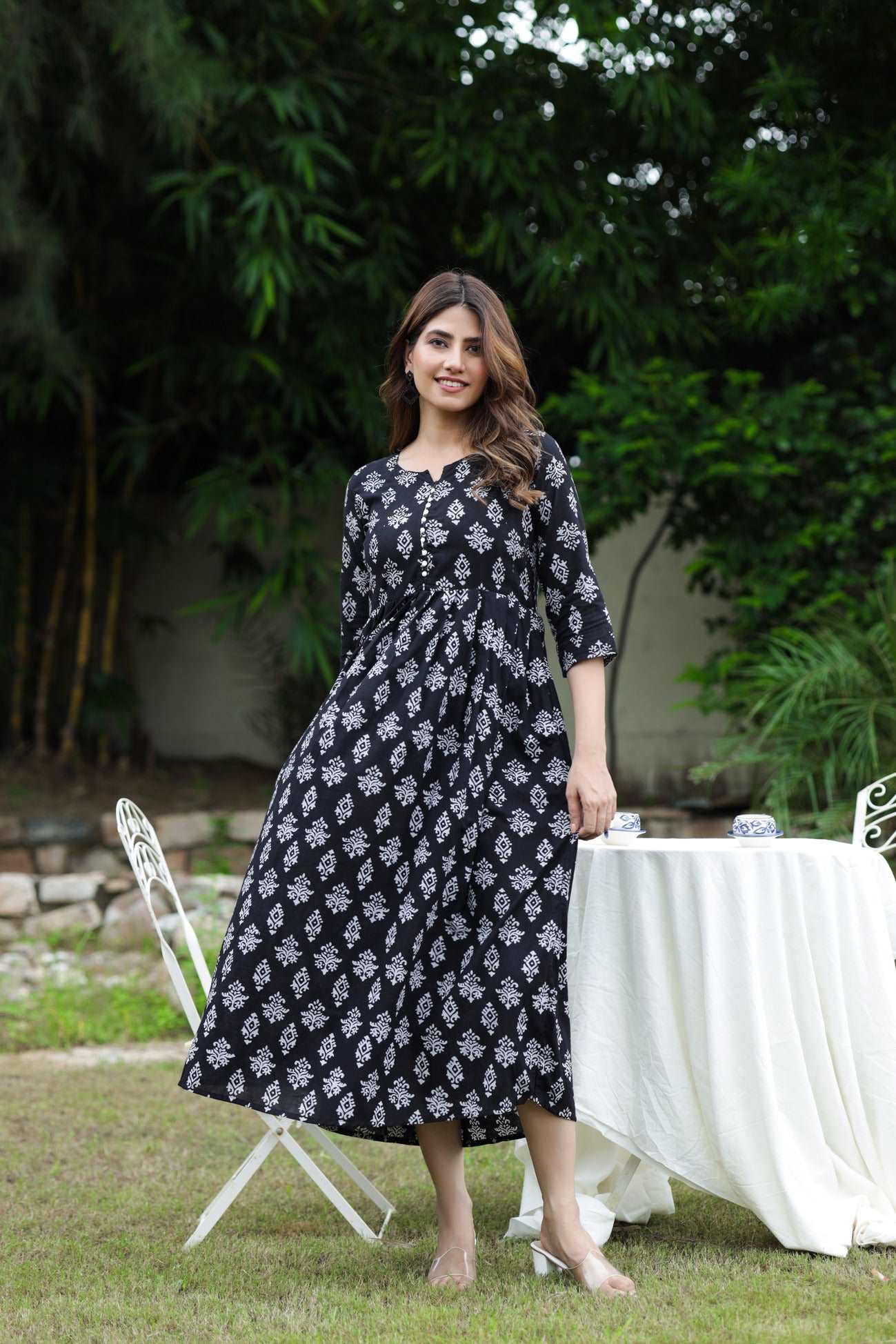 Chic Black and White HandBlock Printed Cotton Long Kurti with Block Print Design and Handy Pocket