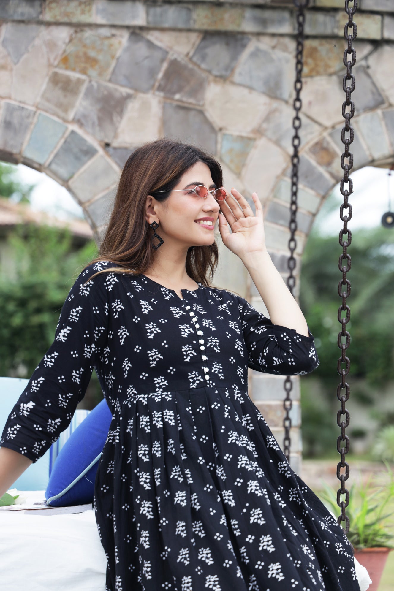 Jaipuri HandBlock Printed Cotton Long Kurti: Booti Design in Black and White with Handy Pocket