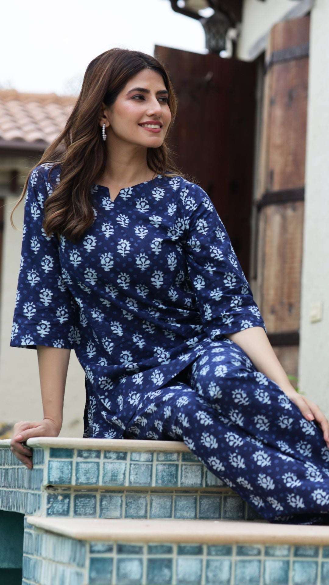 Indigo Flower Booti Block Printed Cotton Co-ord set - SRISHTI TEXTILE