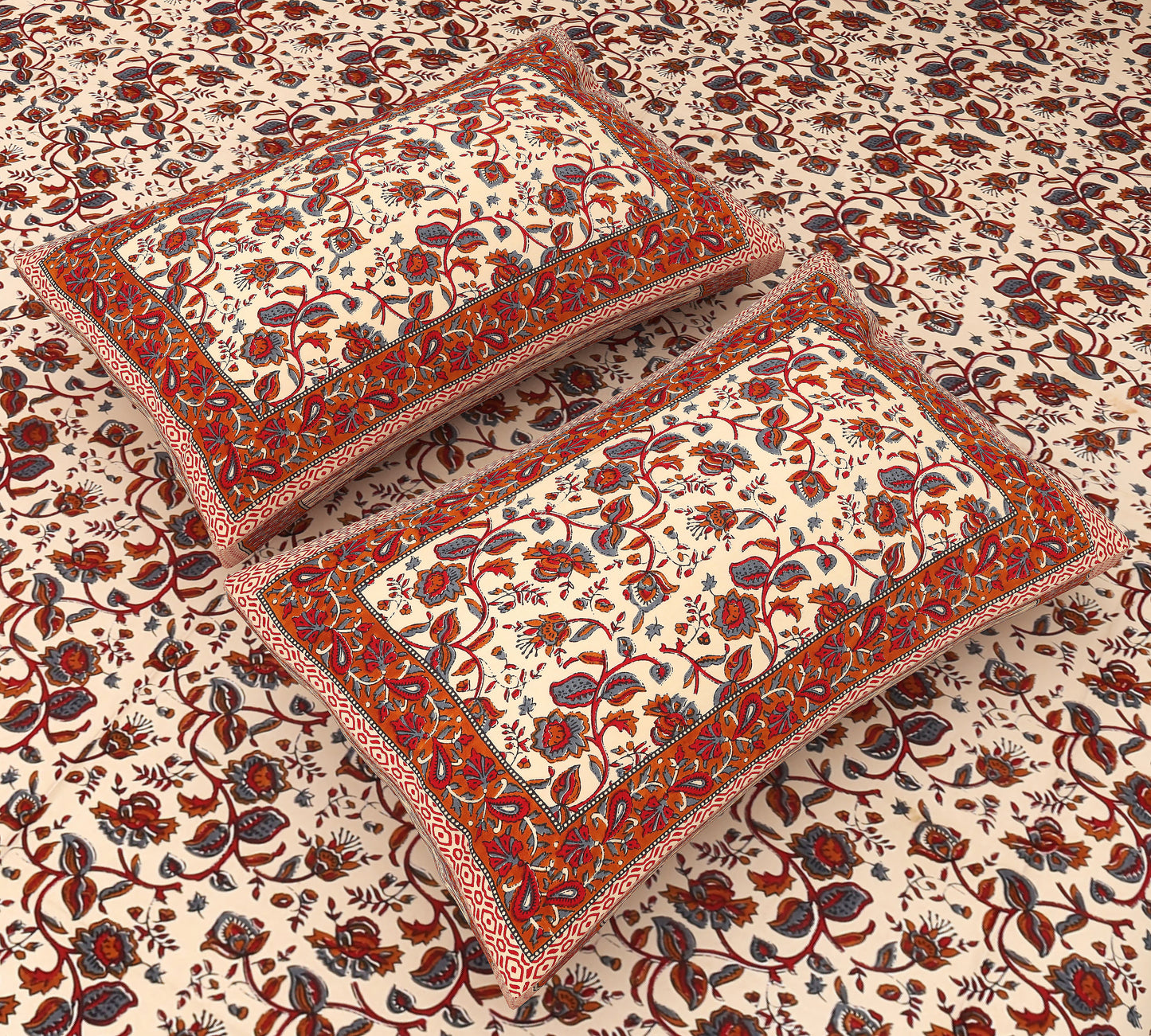 Jaipuri Majesty: King Size Maroon Bedsheet with Floral Kalamkari Print