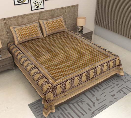 Sunlit Elegance: King Size Jaipuri Bagru Booti Printed Bedsheet in Yellowish Orange Cotton