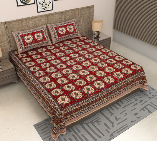 Jaipuri Red Blossom: King Size Bagru Boota Printed Cotton Bedsheet