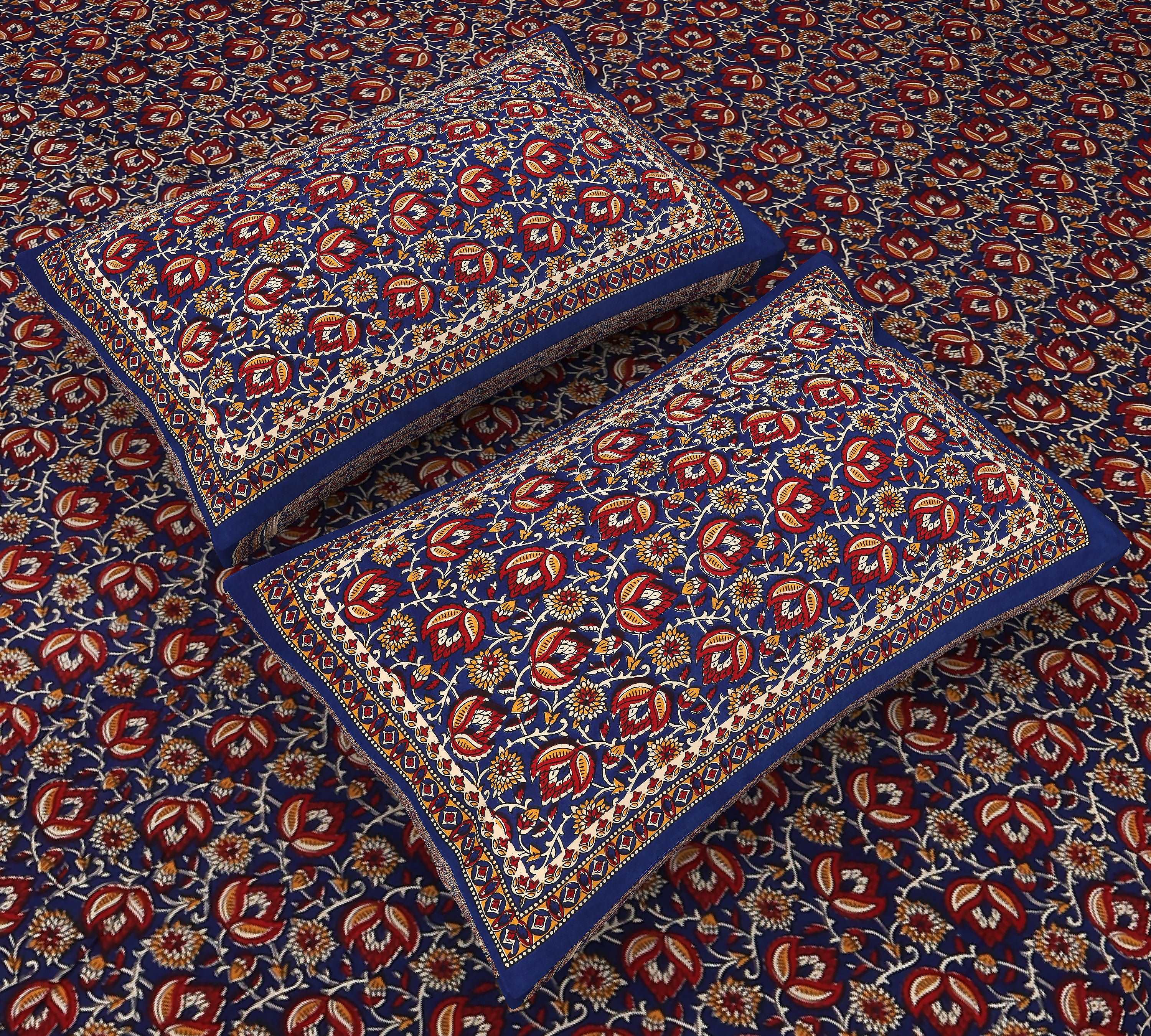 Jaipuri Charm: King Size Blue Floral Bedsheet with Kalamkari Printing