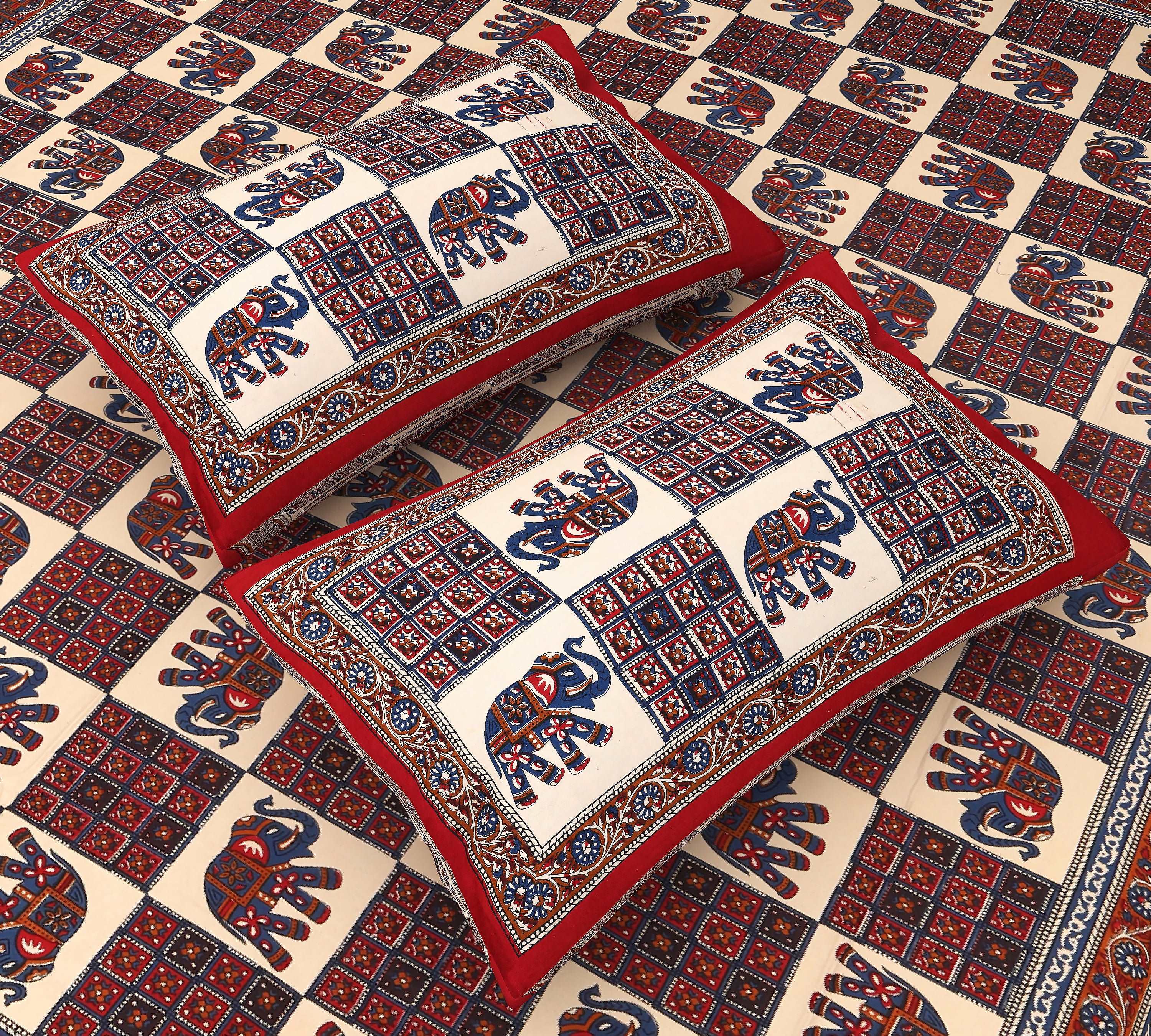 Jaipur Majesty: King Size Bedsheet with Chokda Elephant Print in Red