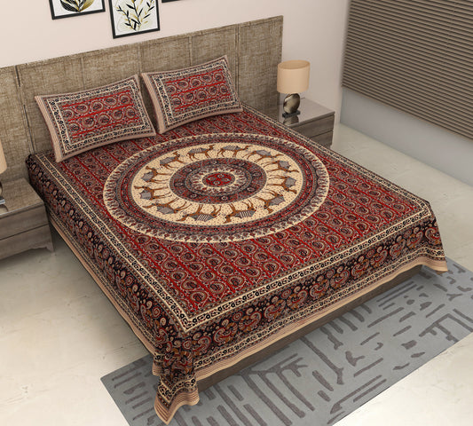 Regal Rajasthan: King Size Jaipuri Bagru Bedsheet with Camel and Peacock Prints in Maroon Cotton